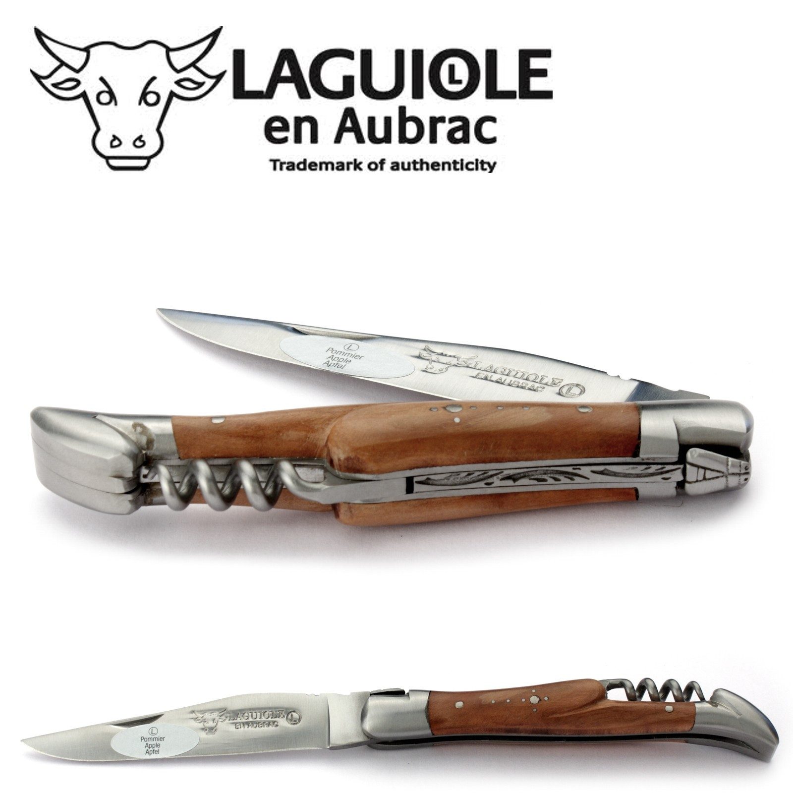 Laguiole en Aubrac Taschenmesser L0311POIS, Griff 11cm Apfelbaum - Feder verziert - Korkenzieher - Stahl matt