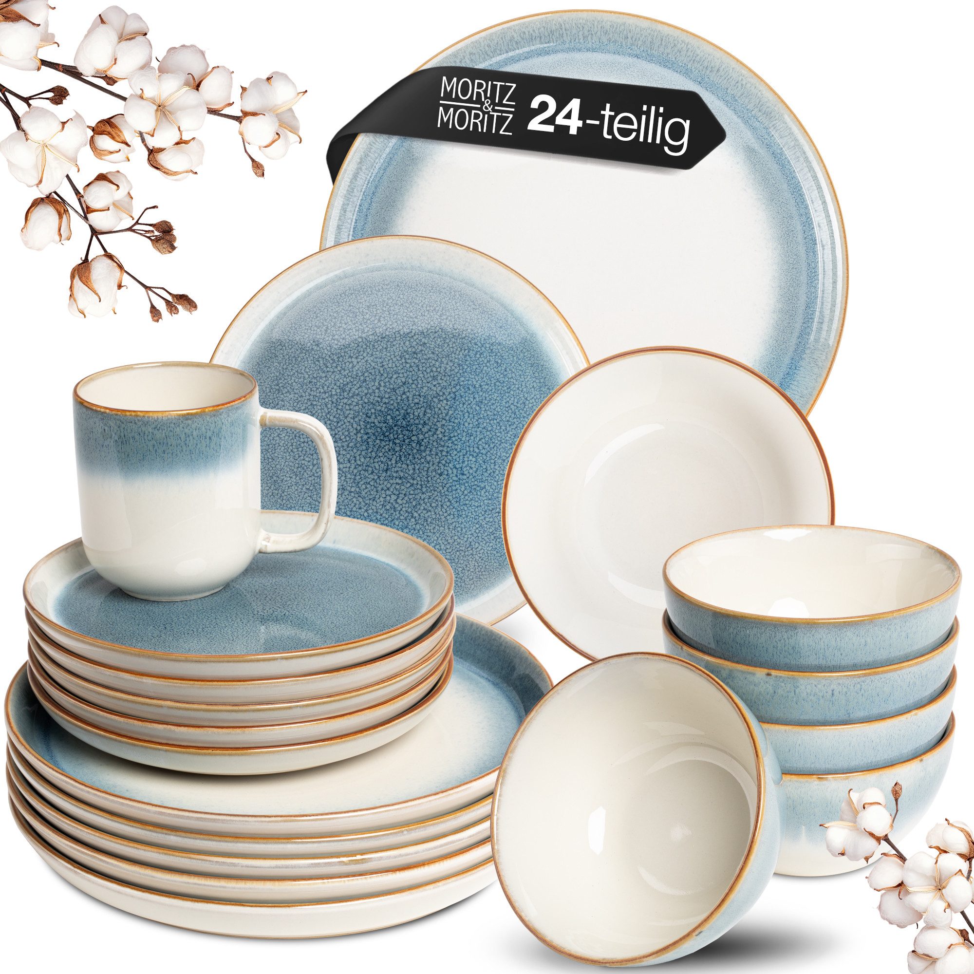Moritz & Moritz Kombiservice TARENTO Geschirrset 24tlg Blau (24-tlg), 6 Personen, Steinzeug, Kombigeschirr für 6 Personen