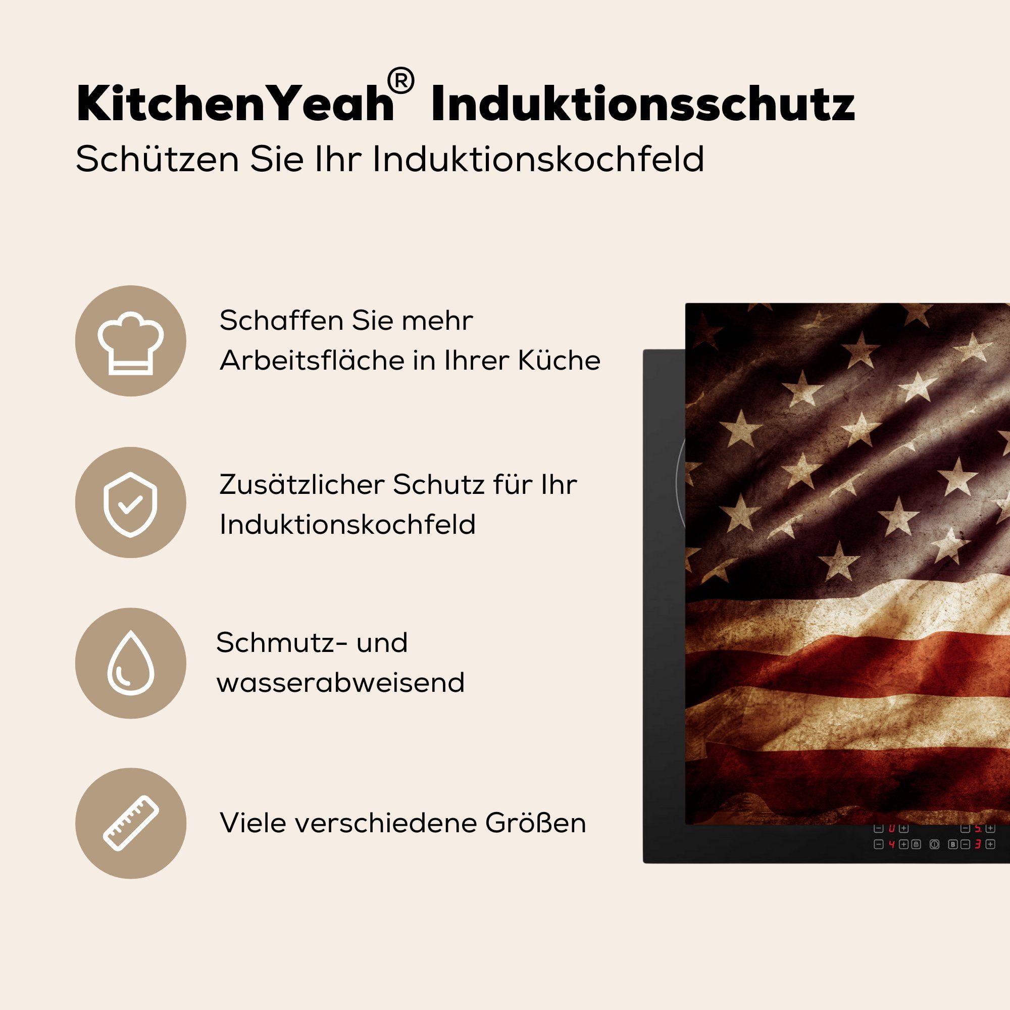 MuchoWow Herdblende-/Abdeckplatte Flagge - - Schutz Ceranfeldabdeckung Vinyl, Vintage Amerika, 81x52 cm, Induktionskochfeld - Licht küche, für die (1 tlg)
