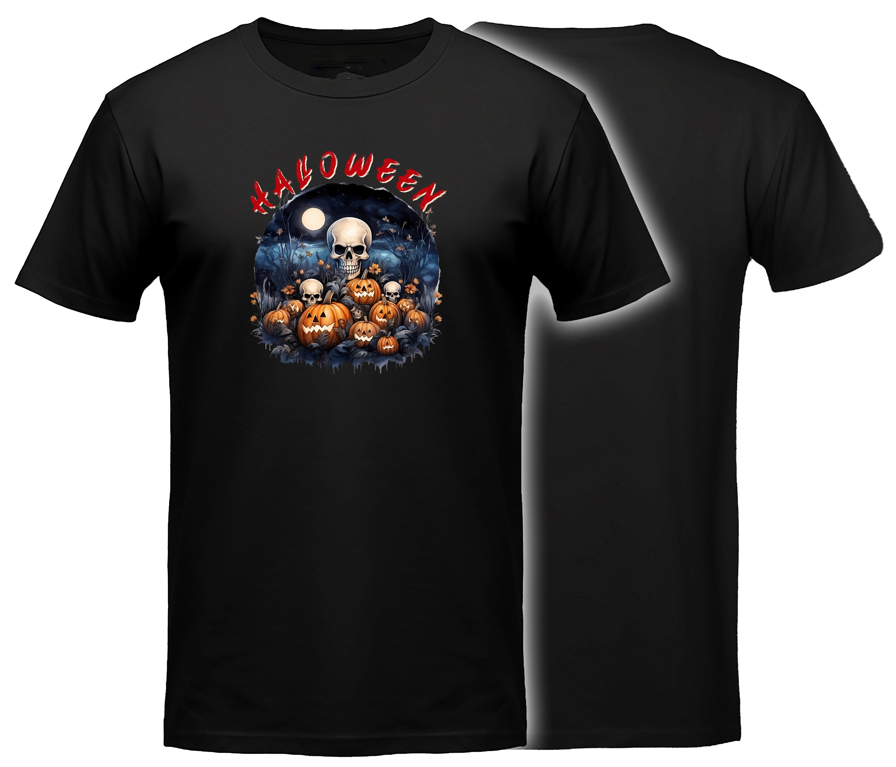 MyDesign24 T-Shirt Gothic kurzarm Shirt - Kürbisse und Schädel Halloween T-Shirt schwarz Regular Fit Gr.2XL i429
