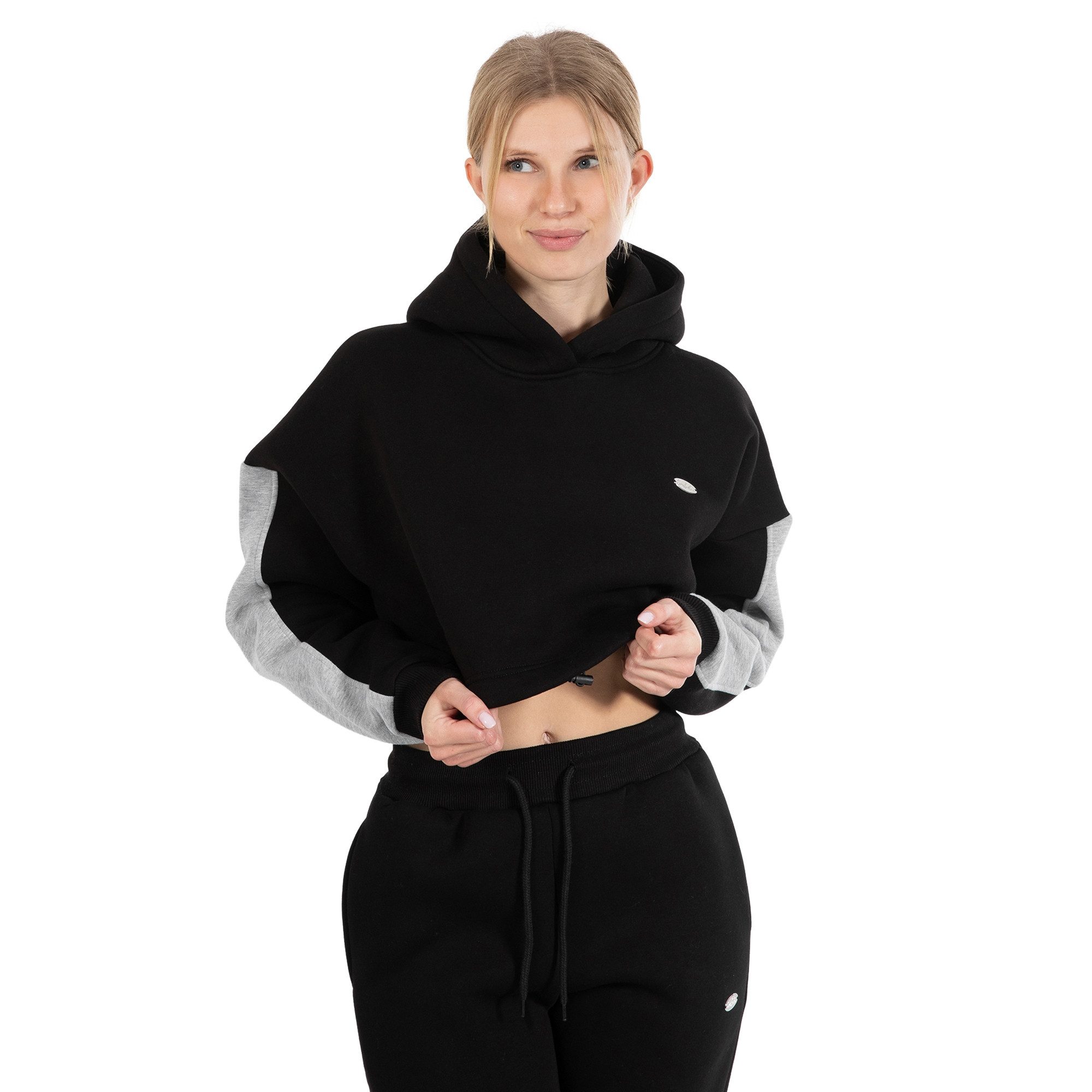 Smilodox Hoodie Amaya, Oversize Fit Crop Pullover Langarm, weicher Baumwollstoff Relaxed Cropped Kapuzenpullover Metallabel Bauchfrei Alltag Sport
