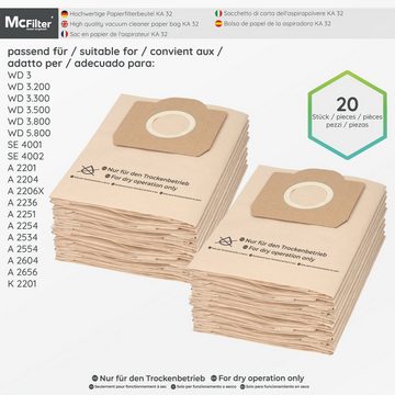 McFilter Staubsaugerbeutel (20 Stück) geeignet für Kärcher 6.959-130.0, passend für Kärcher Nass-Trockensauger WD 3 P Extension Kit Staubsauger, Gummidichtring, hohe Reißfestigkeit, ungeeignet für Fein - und Schleifstaub, 20 St., Filterpapier, 3-lagig, formstabile Pappdeckscheibe