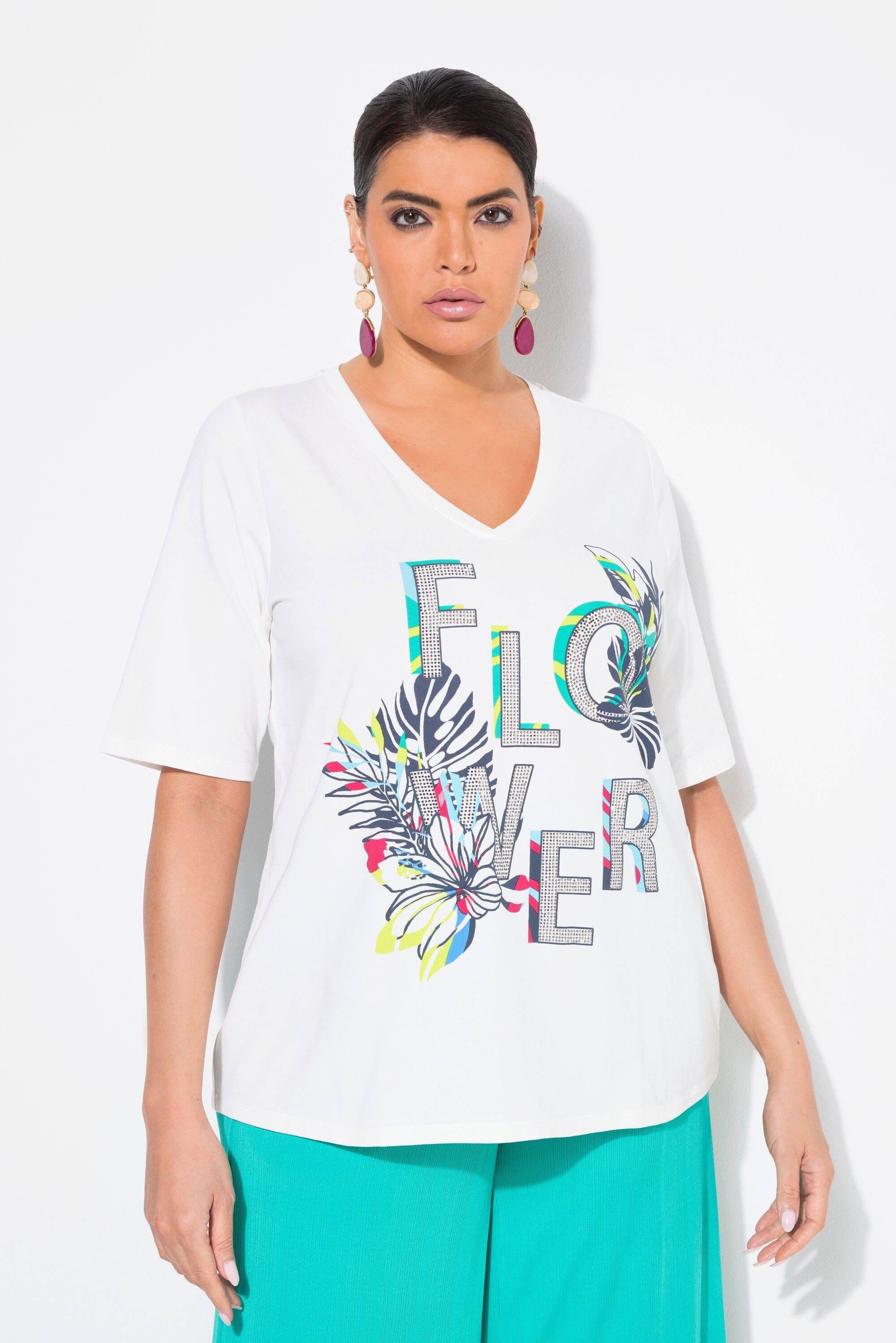Ulla Popken T-Shirt T-Shirt Flower Classic V-Ausschnitt Halbarm