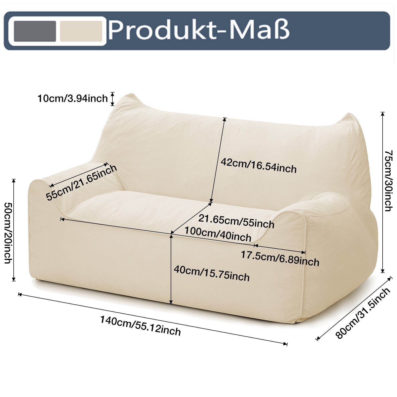 Insma Sitzsack 2-Sitzer Lazy-Sofa Loungesessel 140cm aus Chenille mit Füllung, Relaxsessel Bean Bag mit Rückenlehne für Lesen, Gaming, Wohnzimmer – Bild 5 von 5