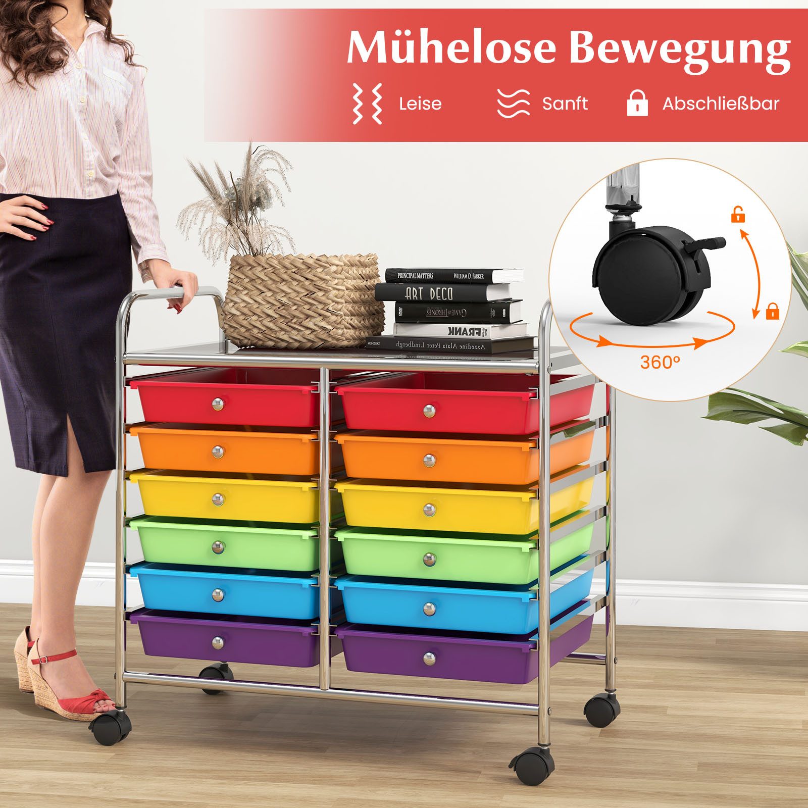 COSTWAY Rollcontainer, mit Schubladen Kunststoff, Rollwagen mit Rollen