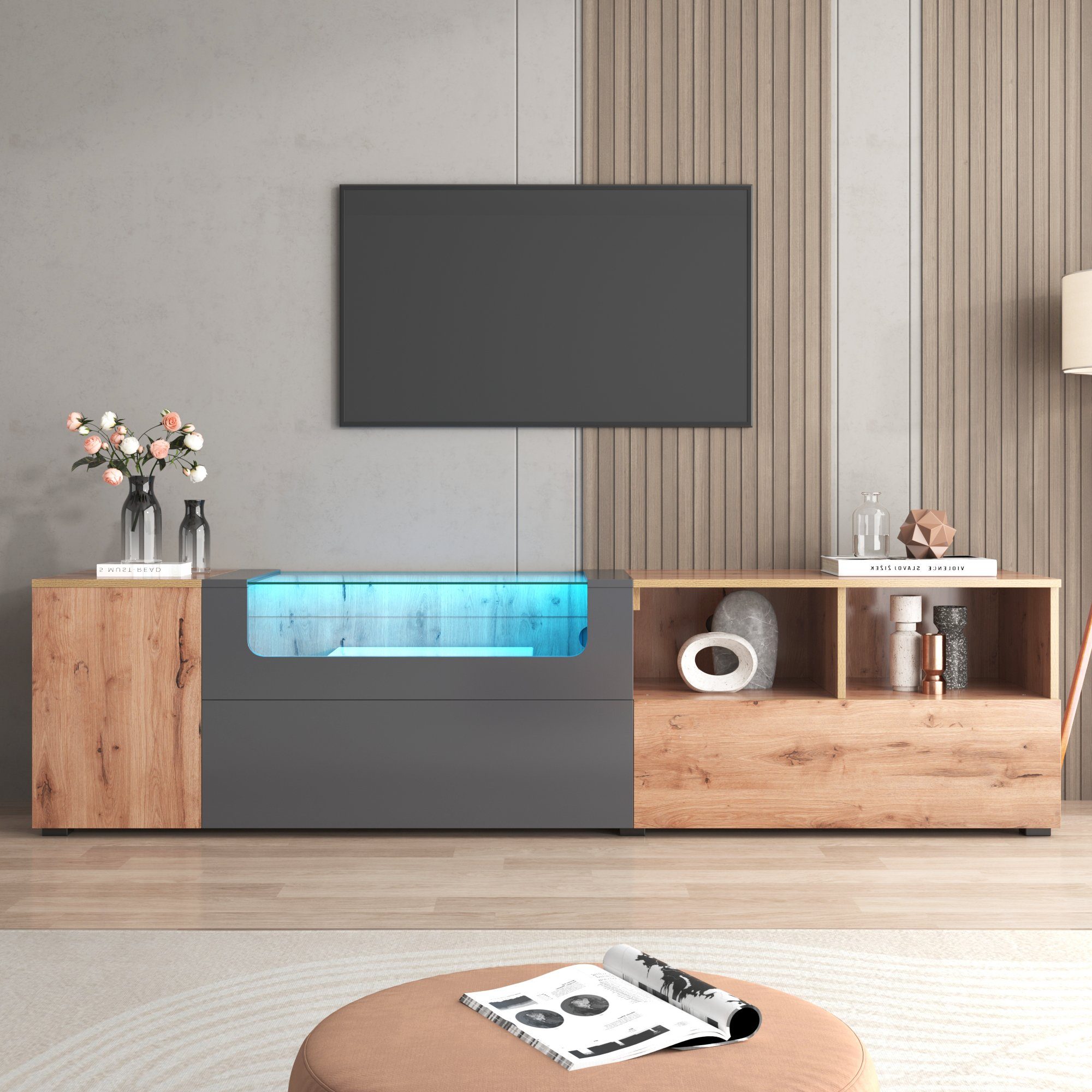 Celya TV-Schrank Lowboards, Mit farbwechselnden LED-Leuchten Glasplatte mit Fächern und Türen Dunkelgrau