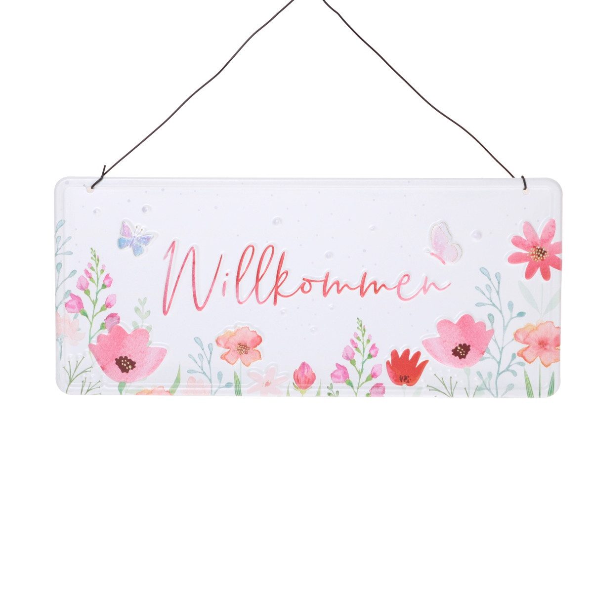 finehomegarden Wanddekoobjekt Spruchschild "Willkommen" Schild aus Metall – Geprägt – Dekoschild (1 St), für Haus & Eingang – ca. 30 x 13 cm Spruchschild Garten