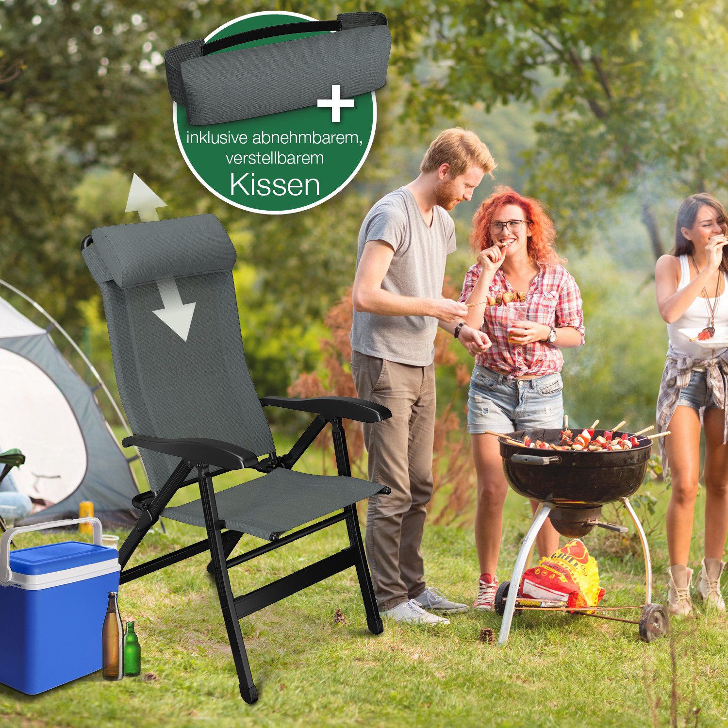 ELONEO Gartenstuhl Campingstuhl mit Liegefunktion, 6-fach verstellbare Rückenlehne, UV- und witterungsbeständig, Strandliege klappbar tragbar, Strandstuhl