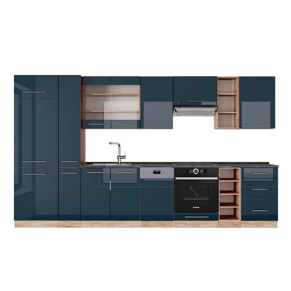 Vicco Winkelküche R-Line, Schwarz Hochglanz/Goldkraft Eiche, günstig online kaufen