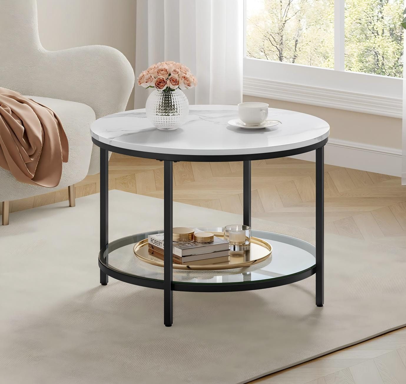 VASAGLE Couchtisch, Beistelltisch, Ø 65/80 x 46cm, Marmoroptik, Hartglasablage unten