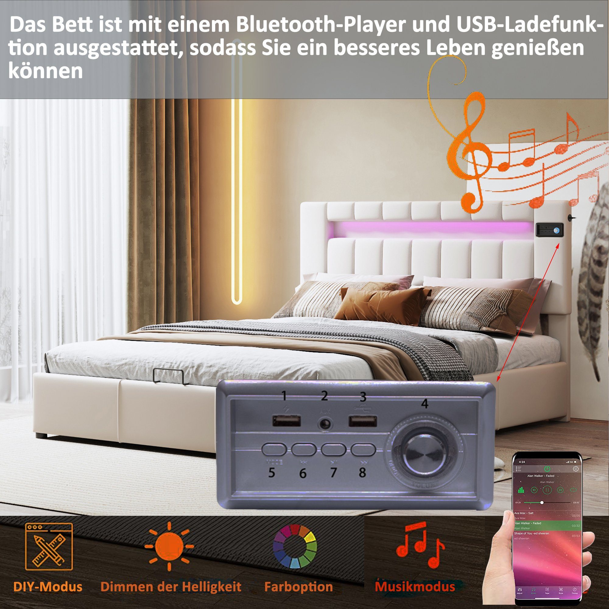Polsterbett (140x200 cm Doppelbett, mit LED Beleuchtung, Bluetooth-Player und USB-Aufladung), hydraulisches Bett Funktionsbett inkl. Bettkasten und Lattenrost, Samt