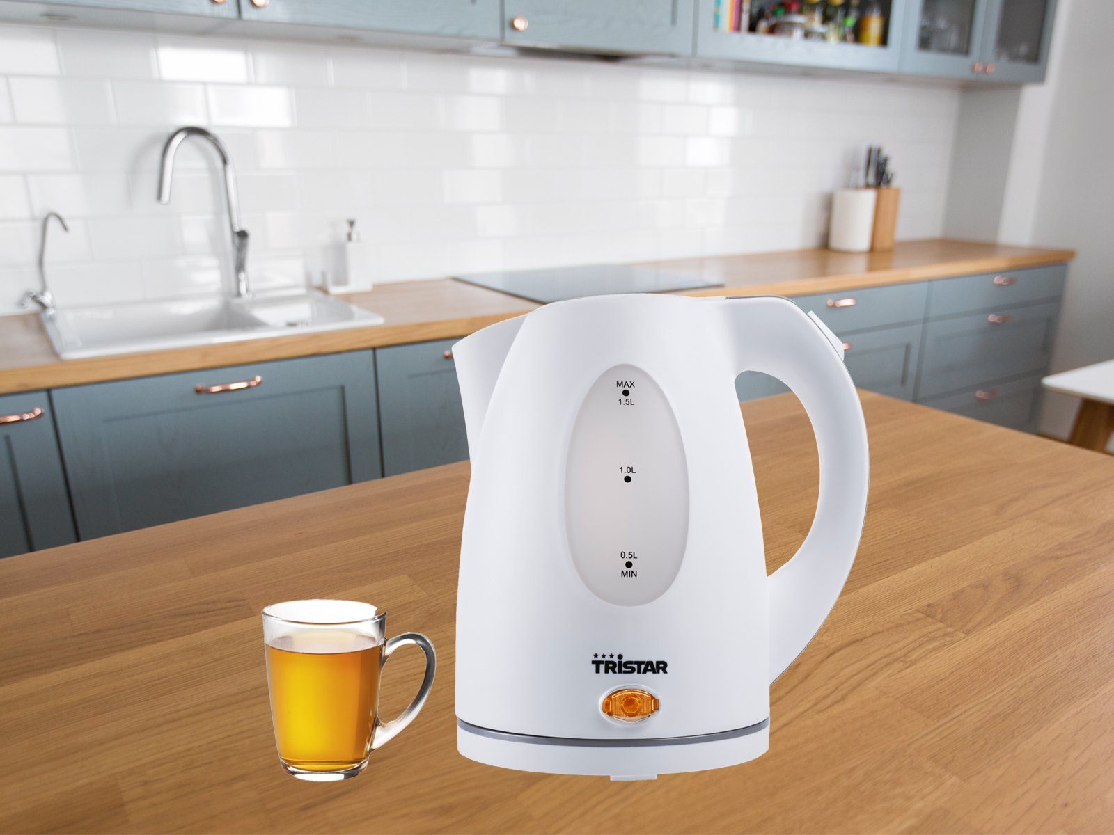 Tristar Wasserkocher, 1.5 l, 2200 W, elektrischer Tee Heißwasserbereiter ohne Kabel schnell, leise 360°-Fuß