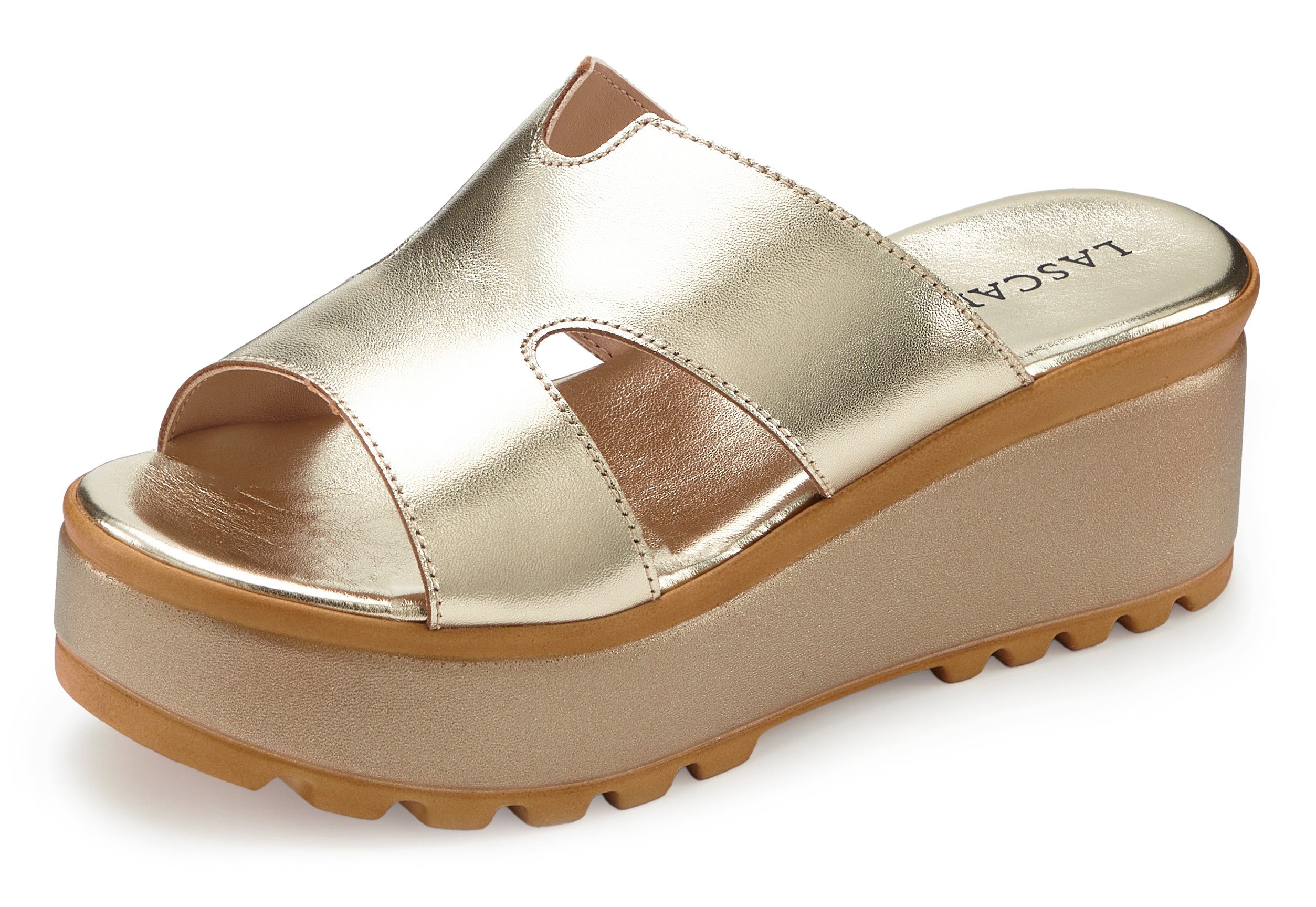 LASCANA Sandale, Sommerschuh, Mule, offener Schuh, Pantolette NEU aus Leder mit Keilabsatz