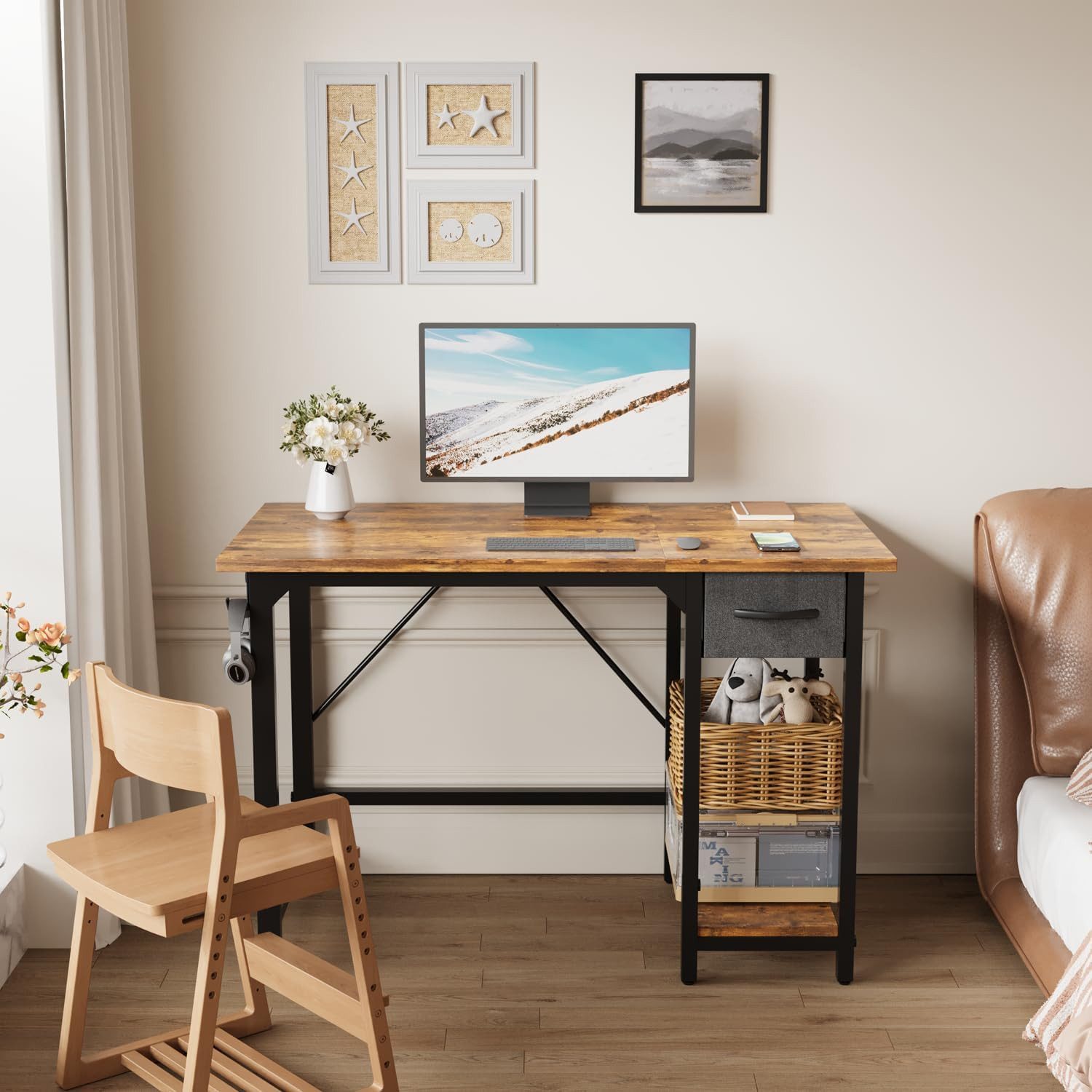 HOMALL Schreibtisch Computertisch mit Schubladen und Kopfhörerhalterung Mini Bürotisch (100 × 50 Zentimeter, Schubladen können entweder links oder rechts angebracht werden, vier verstellbare Füße)