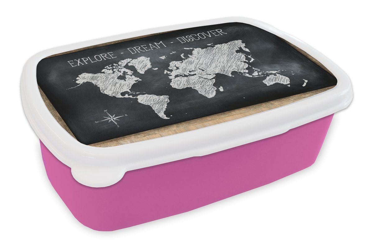 MuchoWow Lunchbox Weltkarte - Kreidetafel - Zitat, Kunststoff, (2-tlg), Brotbox für Erwachsene, Brotdose Kinder, Snackbox, Mädchen, Kunststoff rosa