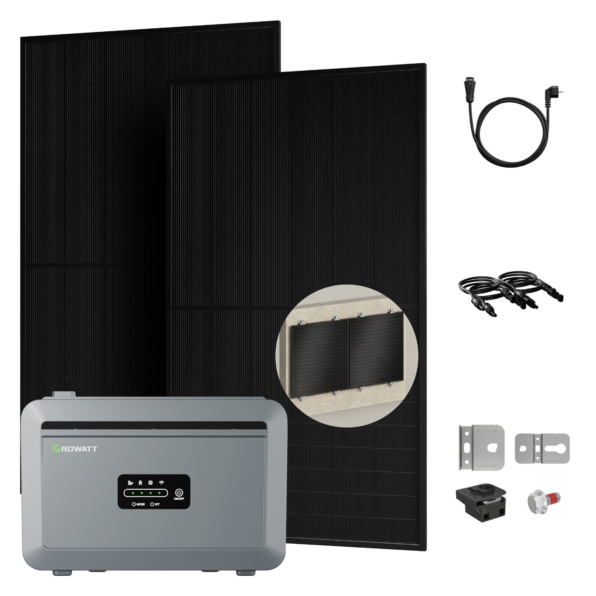 Growatt Balkonkraftwerk 1000W PV-Komplettset mit Growatt NEXA 2000 Speicher, (inkl. 2×500W Solarmodulen und Fischer Fassadenhalterung, All-in-One Speicher), WiFi & Bluetooth-Unterstützung