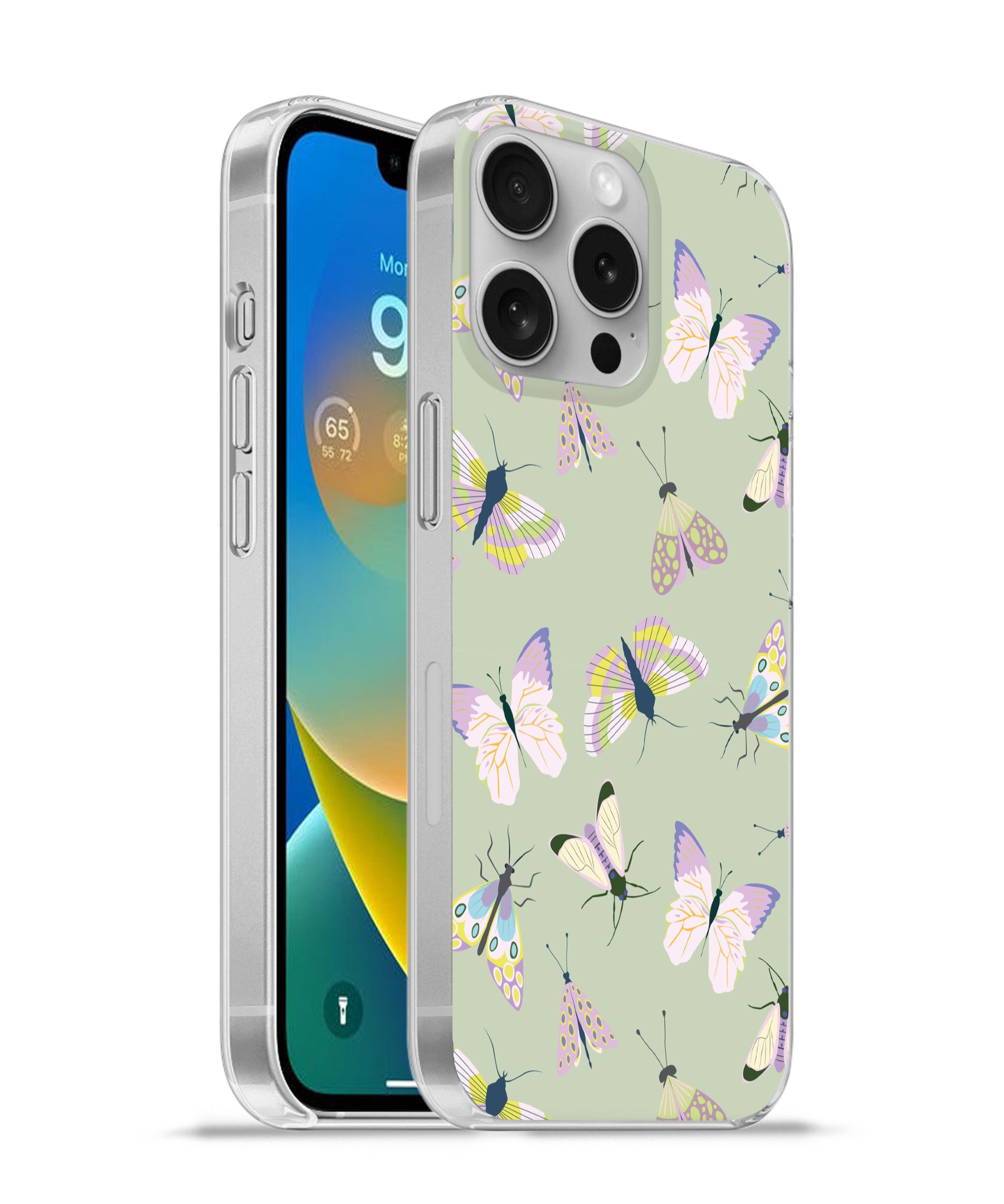 MuchoWow Handyhülle für Apple iPhone 16 Pro Schmetterlinge - Insekten - Grün - Farbenfroh, Smartphone-Bumper, Print, Handy Schutzhülle Dünn