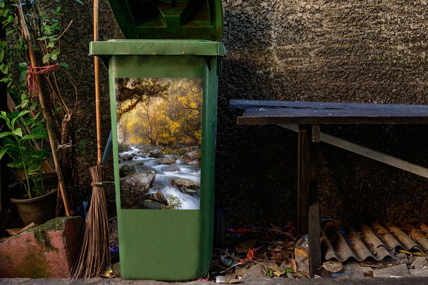 Sticker, Abfalbehälter steile Klong-Lan-Nationalparks Mülleimer-aufkleber, Mülltonne, St), an Wasserfall MuchoWow des fließt Wald im Container, Wandsticker (1 Der