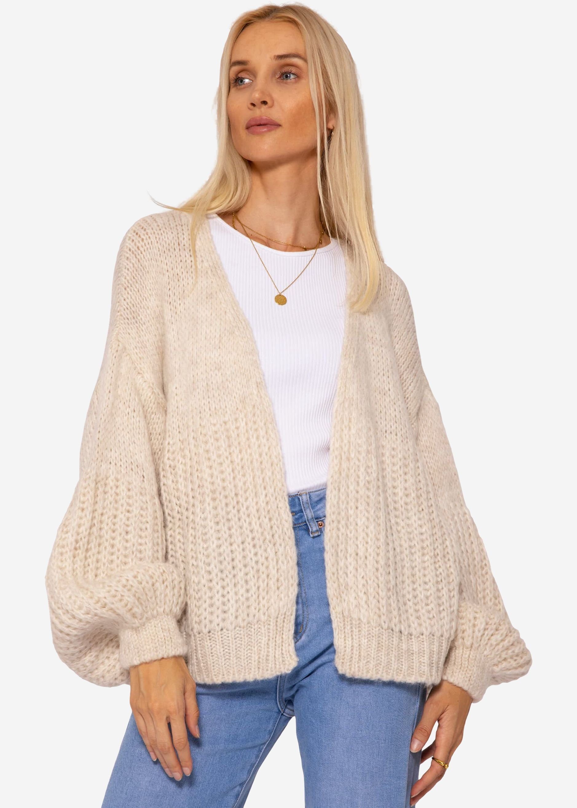 SASSYCLASSY Cardigan Oversize Strickjacke Damen aus weichem Grobstrick Lässiger Strick Cardigan mit Struktur, Made in Italy Hellbeige