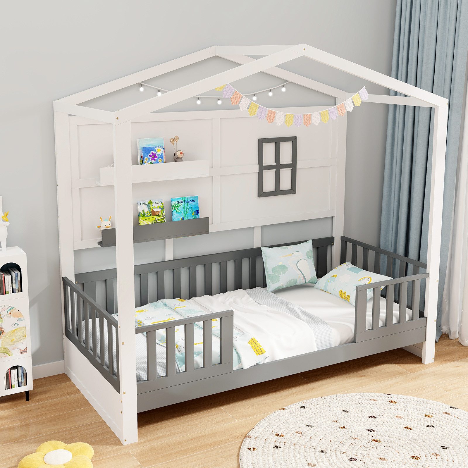 COSTWAY Kinderbett (1-tlg), Hausbett, mit 2 Regalen, Lattenrost, 90x200 cm