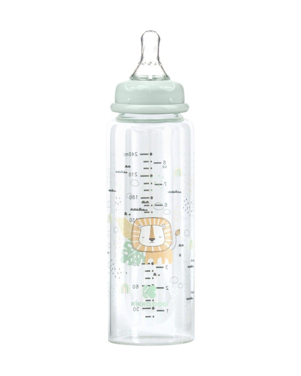 M, Baby Savanna grün 240ml, Silikonsauger Babyflasche Glasflasche Größe Kikkaboo Anti-Kolik