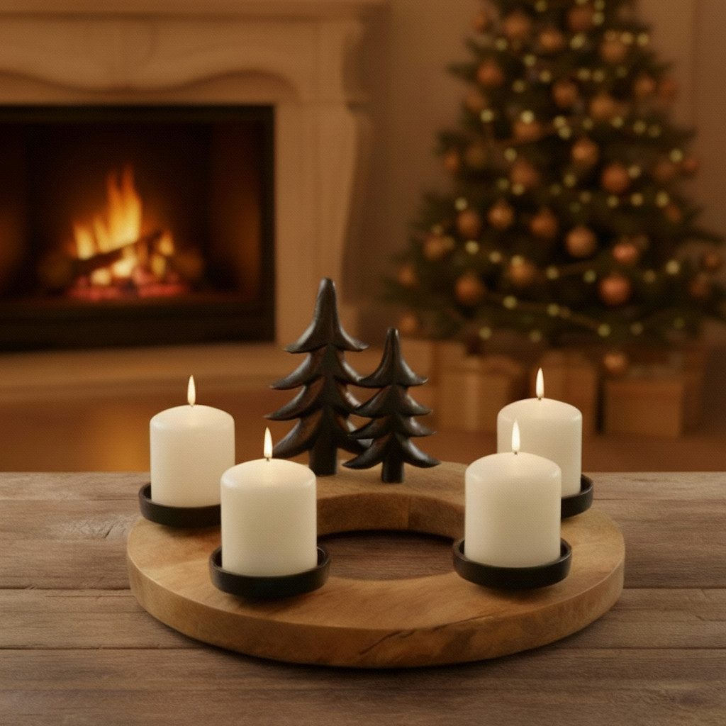 MF Adventskranz Teelichthalter Sorrest Holz Metall Adventskranz Rund Schwar günstig online kaufen