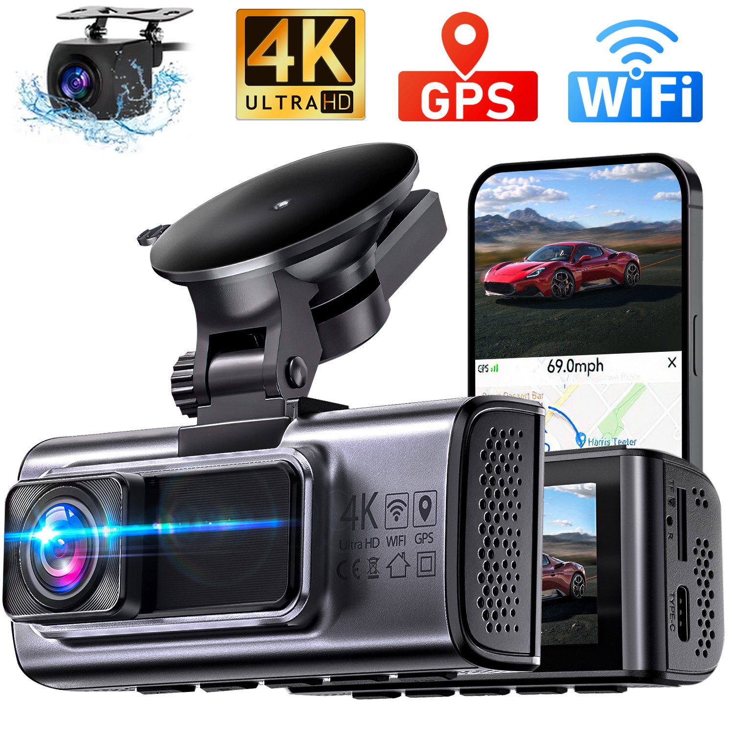 Fyrove Dashcam Auto,2-Kanal 4K+1080P Autokamera,Mit GPS 3.16 Zoll-Bildschirm Dashcam (WLAN (Wi-Fi), Zeitrafermodus, App-Steuerung Autokamera,140°Ultraweitwinkel, Super Nachtsicht, Autokamera,G-Sensor, Loop-Aufnahme,WDR)