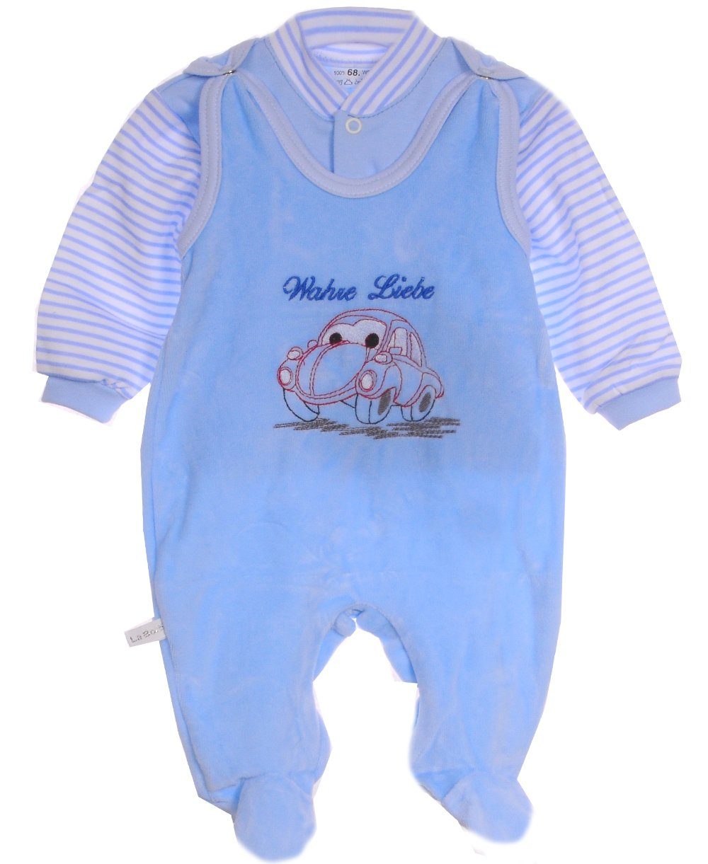 La Bortini Strampler Baby Anzug Stramplerhose aus Velours und Hemdchen in Blau mit Auto aus weichem Velours und Baumwolle, 44 50 56 62 68 74 80