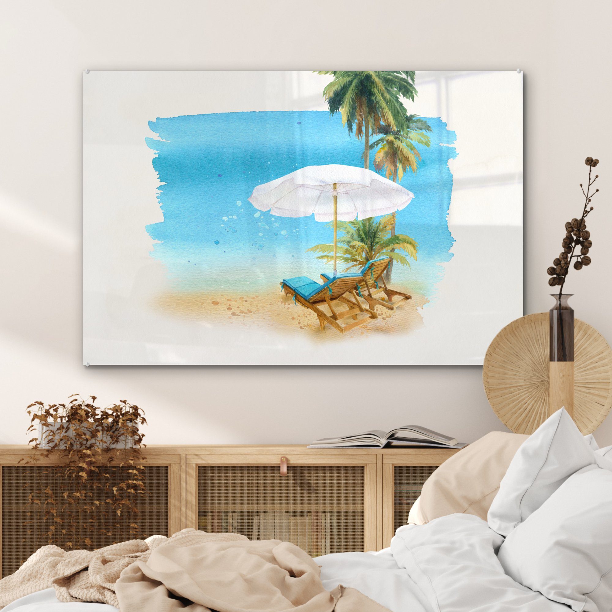 St), Wasserfarben, (1 Strandkorb Wohnzimmer Schlafzimmer Acrylglasbilder MuchoWow Palmen - & Acrylglasbild - - Sonnenschirm