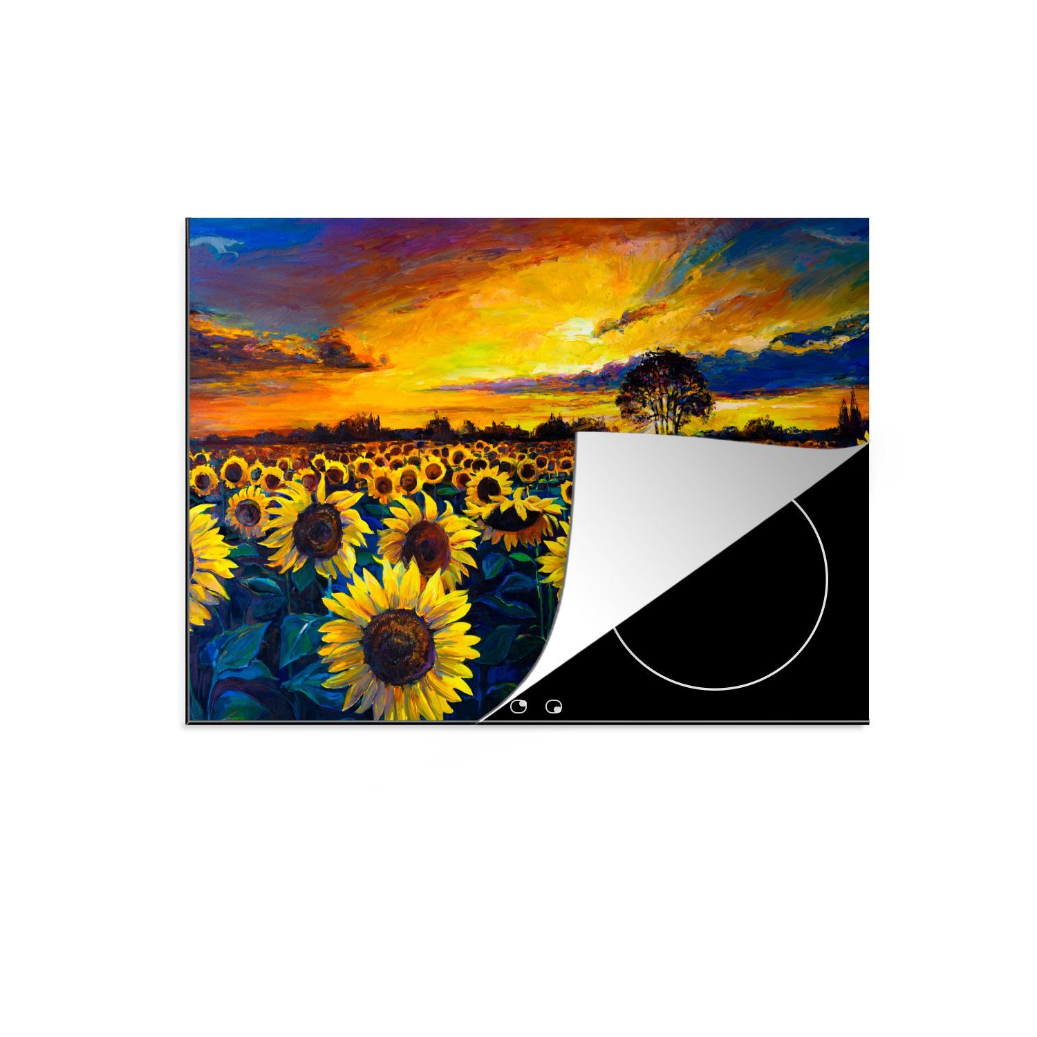 MuchoWow Herdblende-/Abdeckplatte Gemälde - Ölfarbe - Blumen - Sonnenblume, Vinyl, (1 tlg), 70x52 cm, Mobile Arbeitsfläche nutzbar, Ceranfeldabdeckung