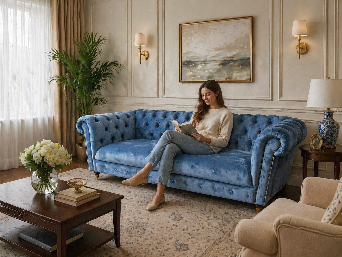 Xlmoebel Chesterfield-Sofa Blauer Samt 3-Sitzer mit eleganten Knöpfen Sofort, Sofa, Made in Europa, Samtbezug, elegante Knöpfe