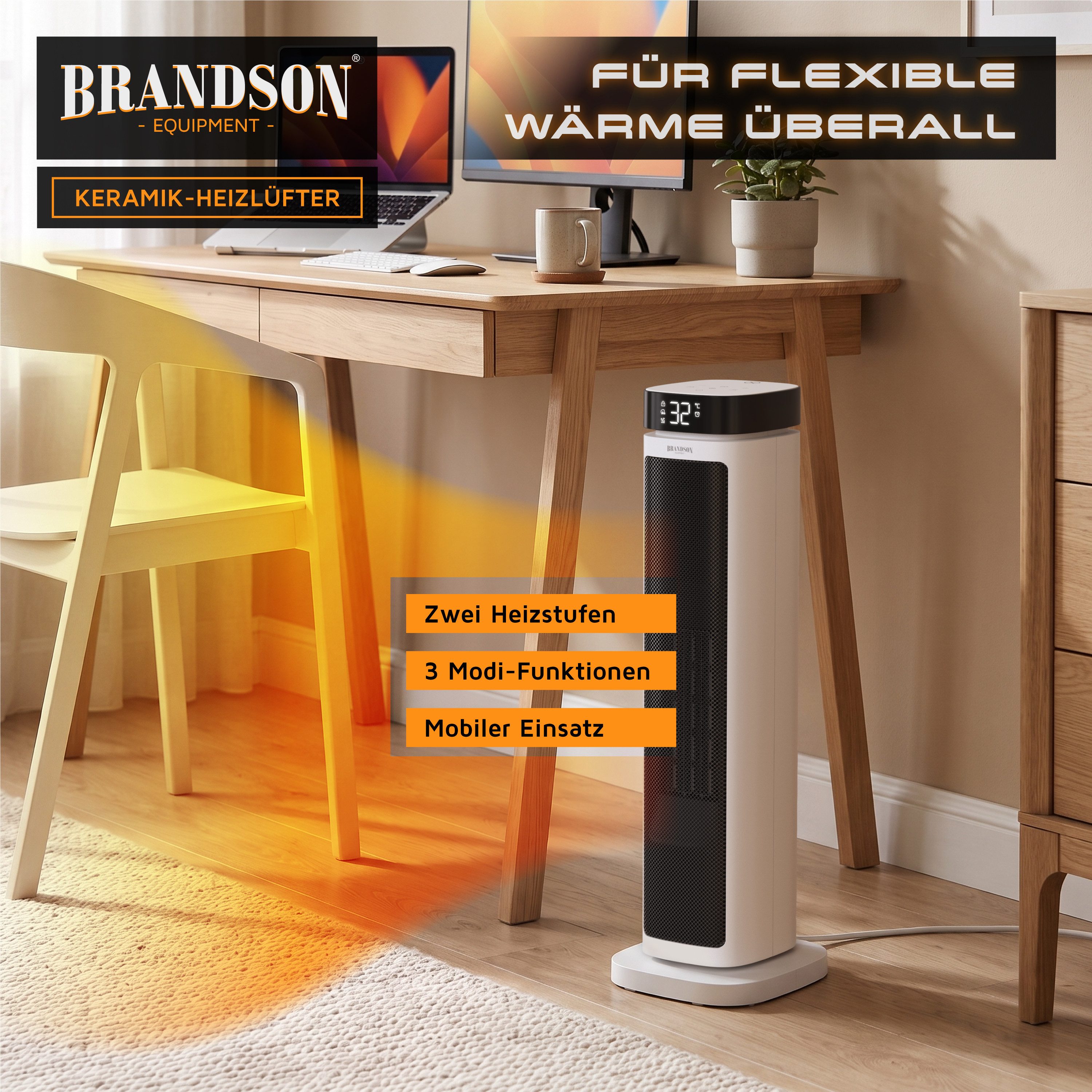Brandson Heizlüfter Turm-Keramikheizlüfter 2000 W, ECO-Modus, 12h-Timer, Fernbedienung, 2000 W, Badezimmer, Thermostat, ECO-Modus, Oszillation, Kippschutz – Bild 2 von 5