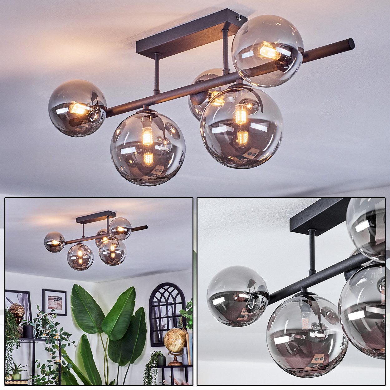 Deckenleuchte Deckenlampe aus Metall/Glas in Schwarz/Rauchfarben