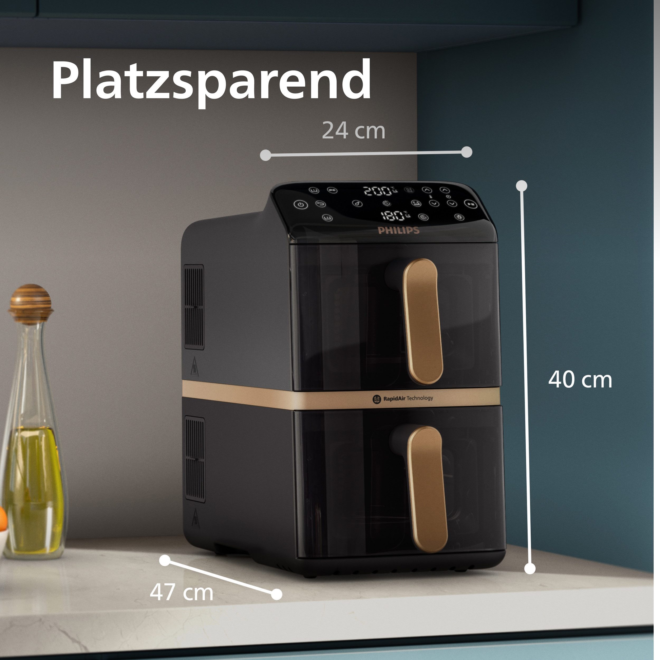 Philips Heißluftfritteuse NA462/70 4000 Series Stacked Dual Basket und 10L Kapazität (5+5L), 2750 W, RapidAir Technologie, Schwarz/Dunkelgrau, kupfer Griff – Bild 5 von 5