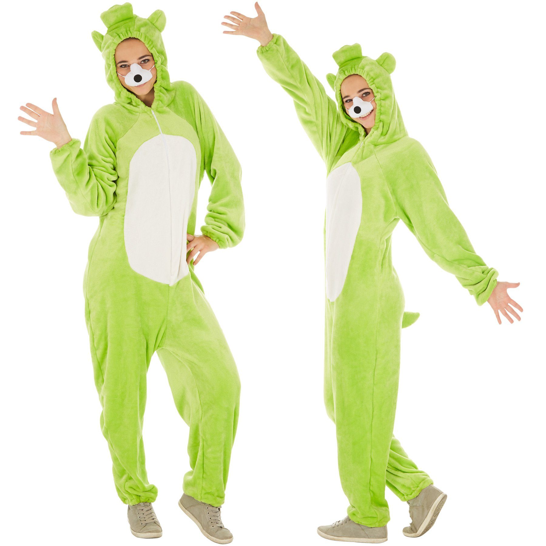 dressforfun Kostüm Bär/Teddybär, in grün, Gr. XL, Plüsch-Overall für Frauen und Männer, Für Straßenumzüge, Reißverschluss vorn, inkl. Nase mit Gummiband