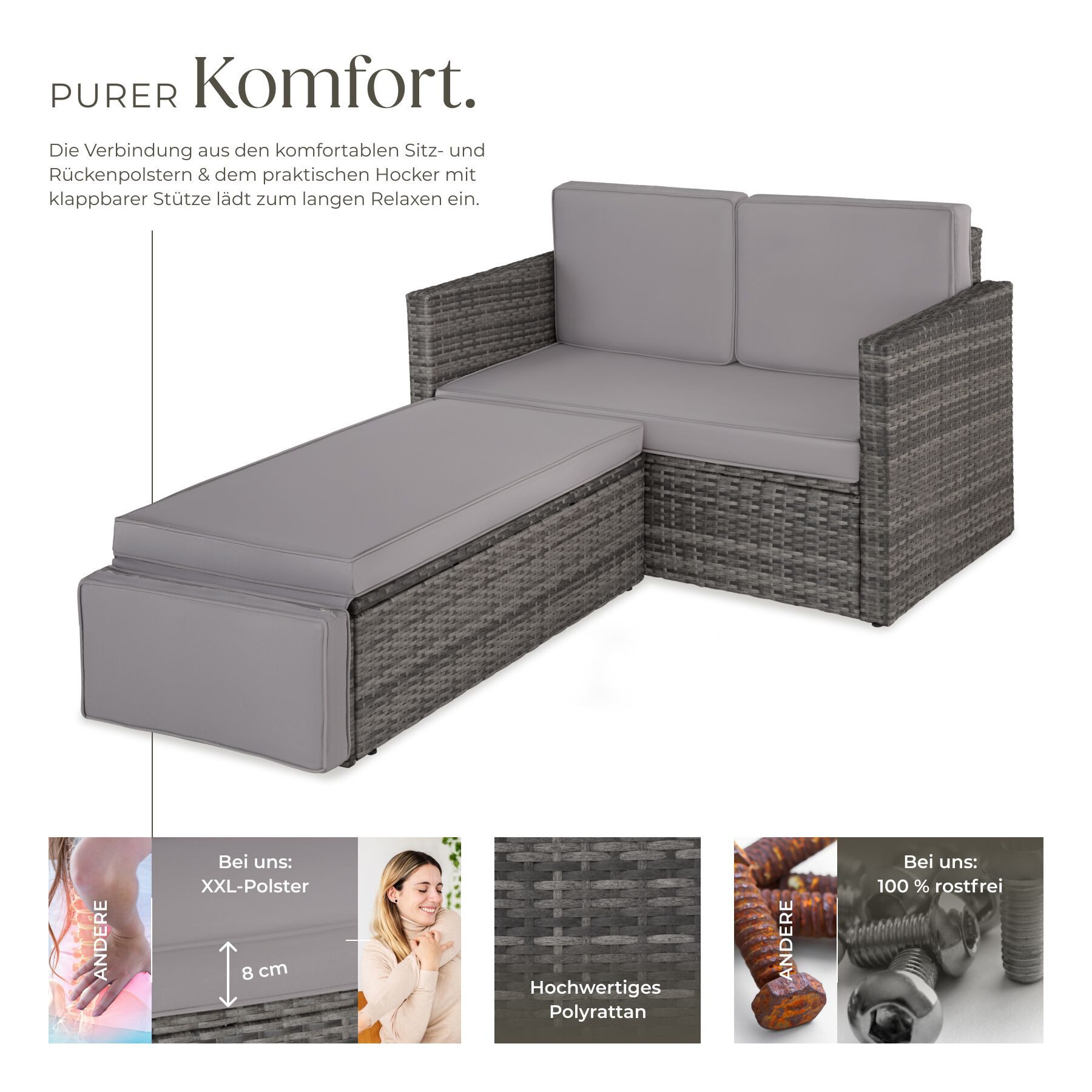 tectake Loungeset Rattan Lounge, Hocker mit klappbarer Stütze, (Gartenlounge Korfu, 2-tlg., in grau), 2-Sitzer, widerstandsfähig, UV-beständig, Dicke der Polster 8 cm