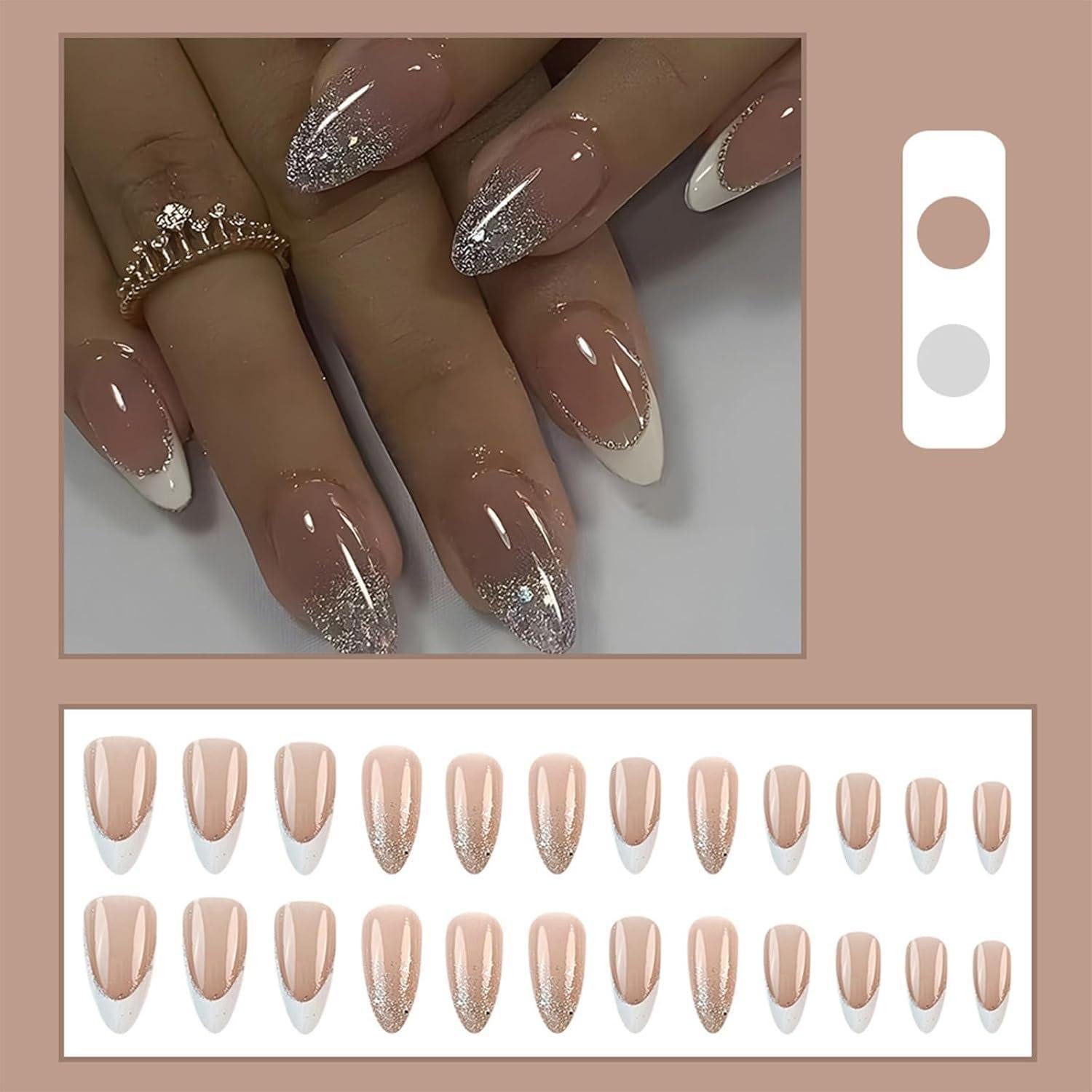LuxusKollektion Kunstfingernägel Kunstnägel Fingernägel PressOn Acryl Kurz Style 7-24pcs French Glitte – Bild 3 von 5