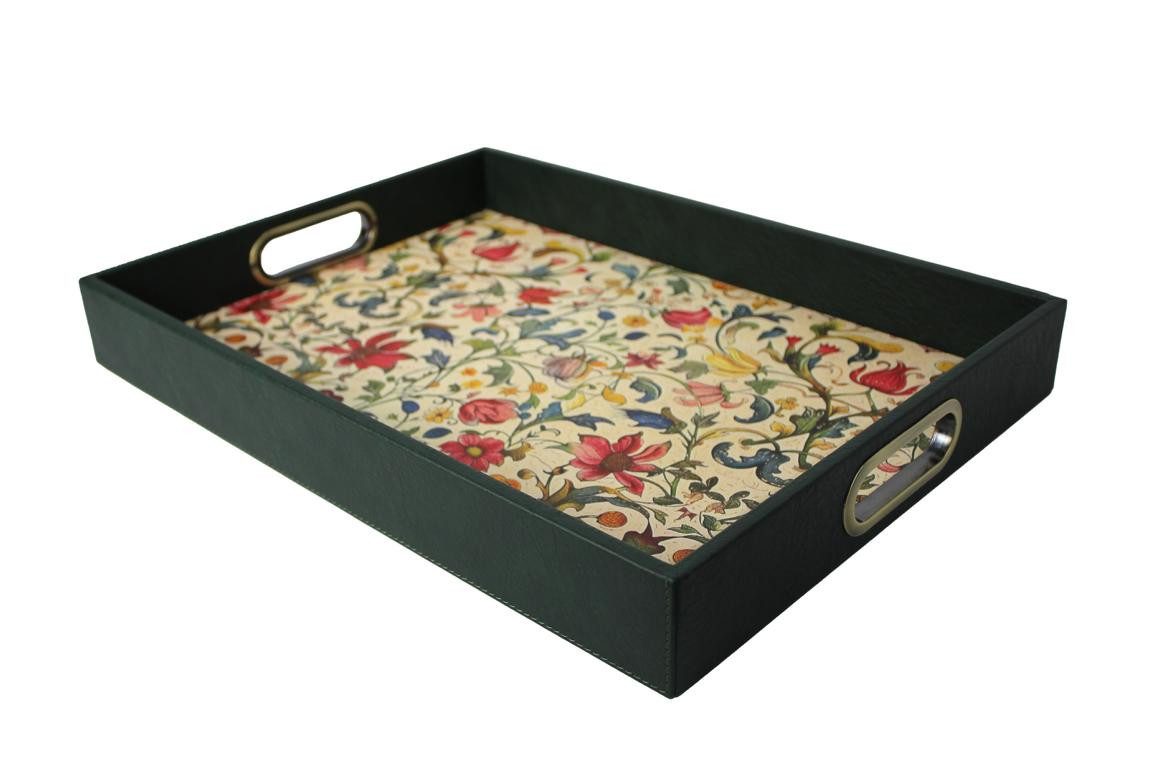 Signature Home Collection Tablett Serviertablett Kunstleder mit Edelstahlgriffen Blumenmuster, (1Tablett), beschichtete Oberfläche abwischbar