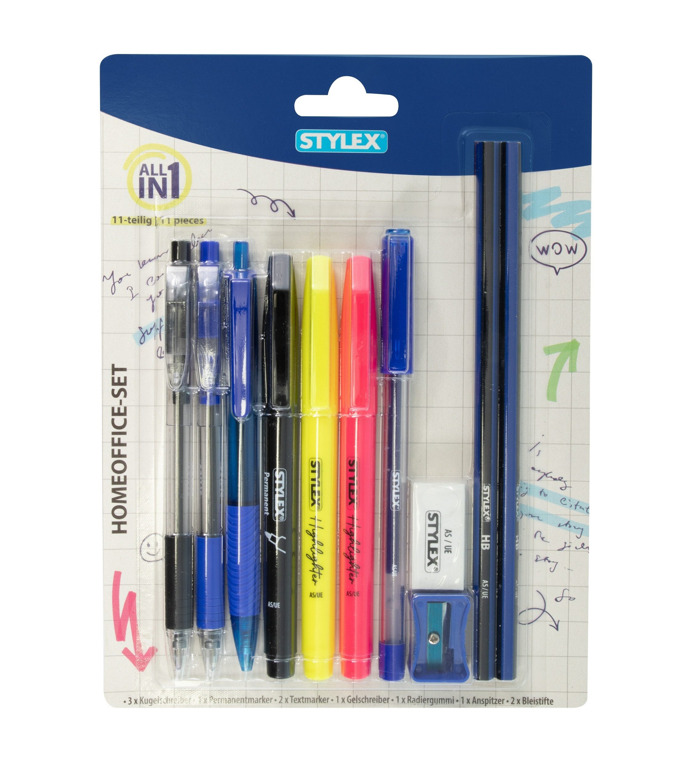 Stylex Schreibwaren Kugelschreiber Home-Office-Set, 11tlg. mit Kugelschreiber, Textmarker, Marker, Gelsch