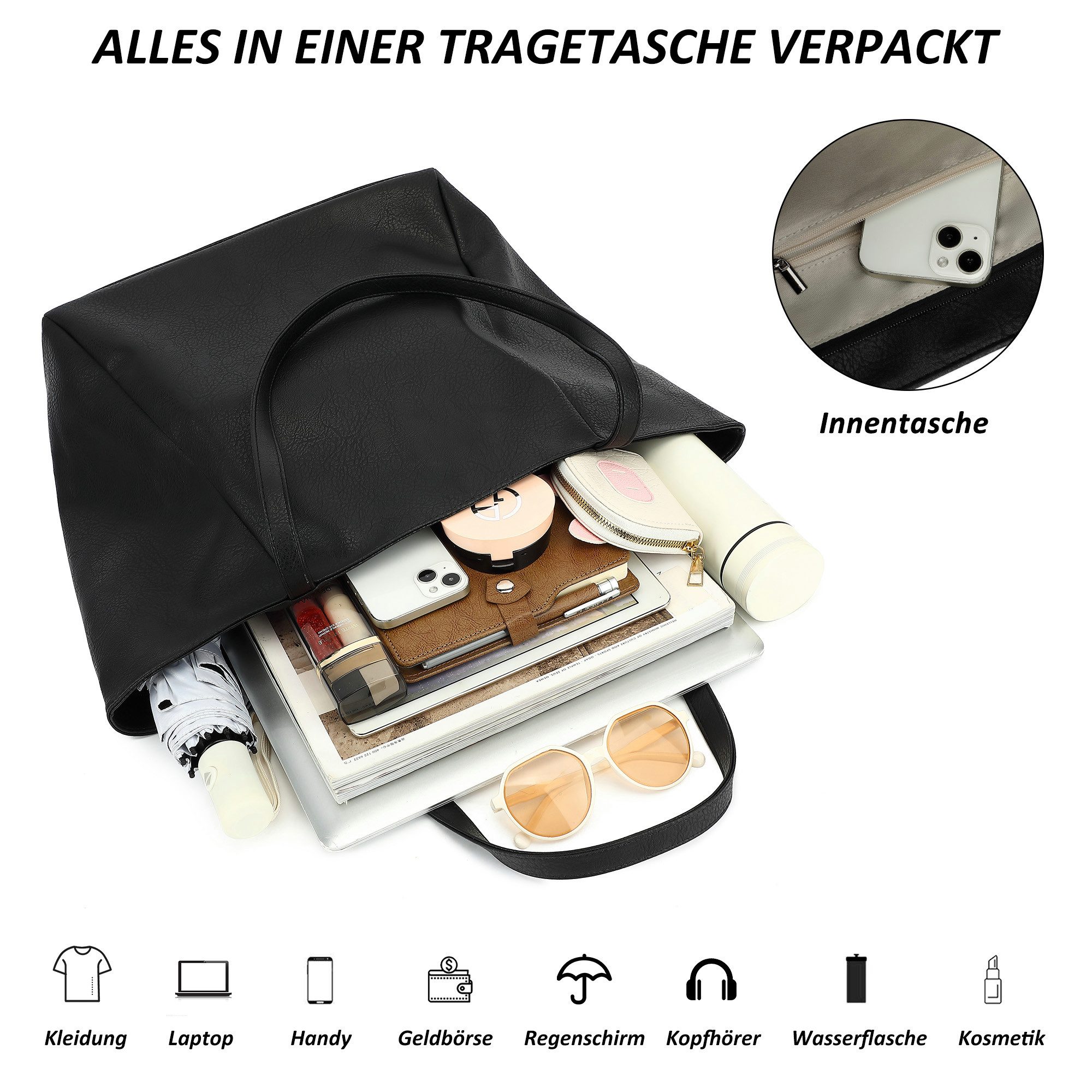 TAN.TOMI Schultertasche Umhängetasche Shopper Bag mit Reißverschluss, Mit Innentaschen, dekorative Anhänger für Arbeit Einkauf Reisen – Bild 3 von 5