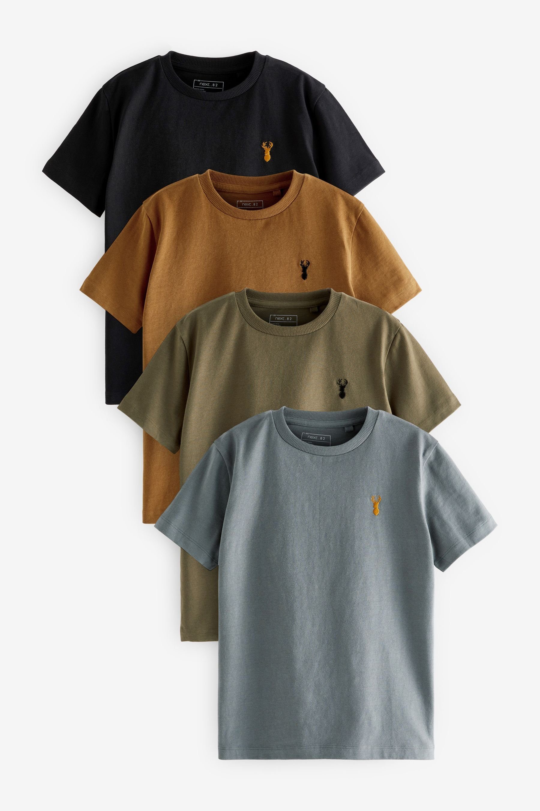 Next T-Shirt 4er-Pack Kurzarm-T-Shirts mit Hirsch-Stickerei (4-tlg) Grey/Black/Khaki Green/Tan Brown