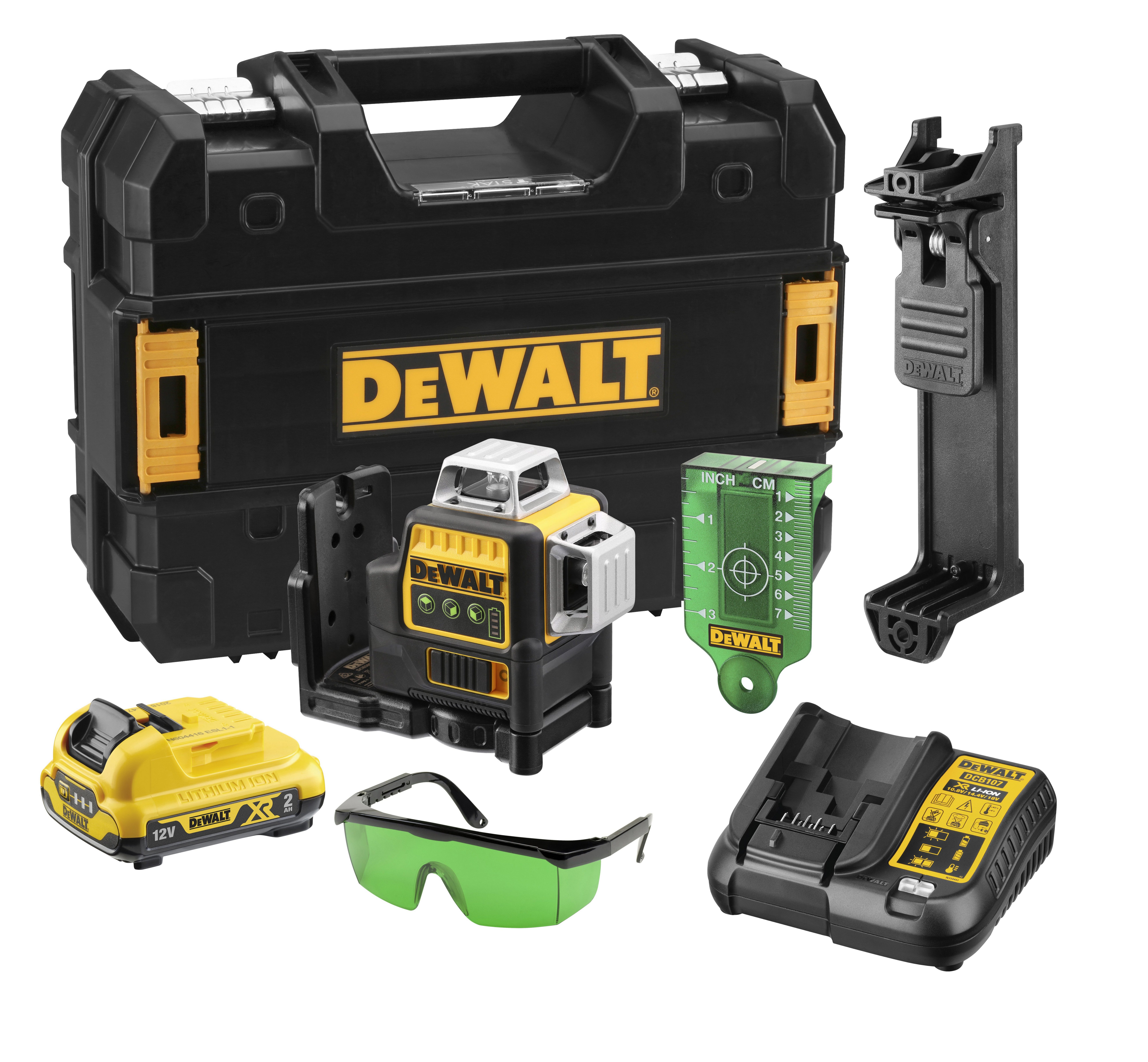 DeWalt Kreuzlinienlaser DCE089D1G-QW Multilinienlaser grün, Laserklasse 2M, 3 Strahlen, 1xhorizontal/2xvertikal, inkl. 10,8V 2,0Ah Akku