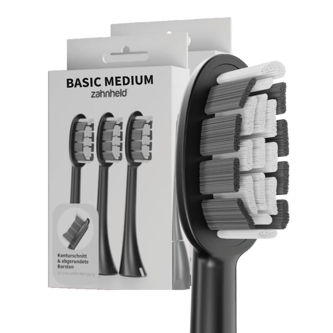 Zahnheld Aufsteckbürsten Ersatzbürsten Basic Medium - ideal für Schallzahnbürste Gero, im 3er, 6er oder 9er Set, Zahnpflege Set, mittelharte Wechselköpfe, plastikfrei verpackt, 6 Stück, schwarz
