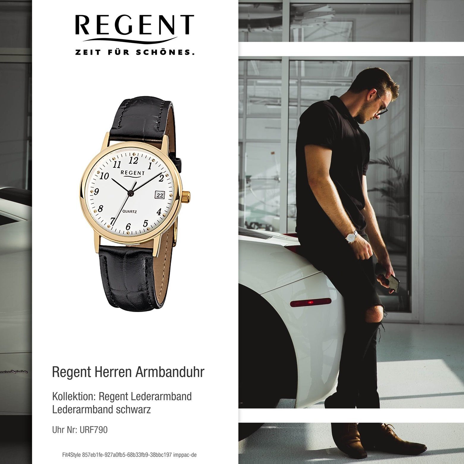 Analog, schwarz Lederarmband Herren-Armbanduhr 34mm), Armbanduhr mittel Quarzuhr (ca. Regent Regent rund, Herren