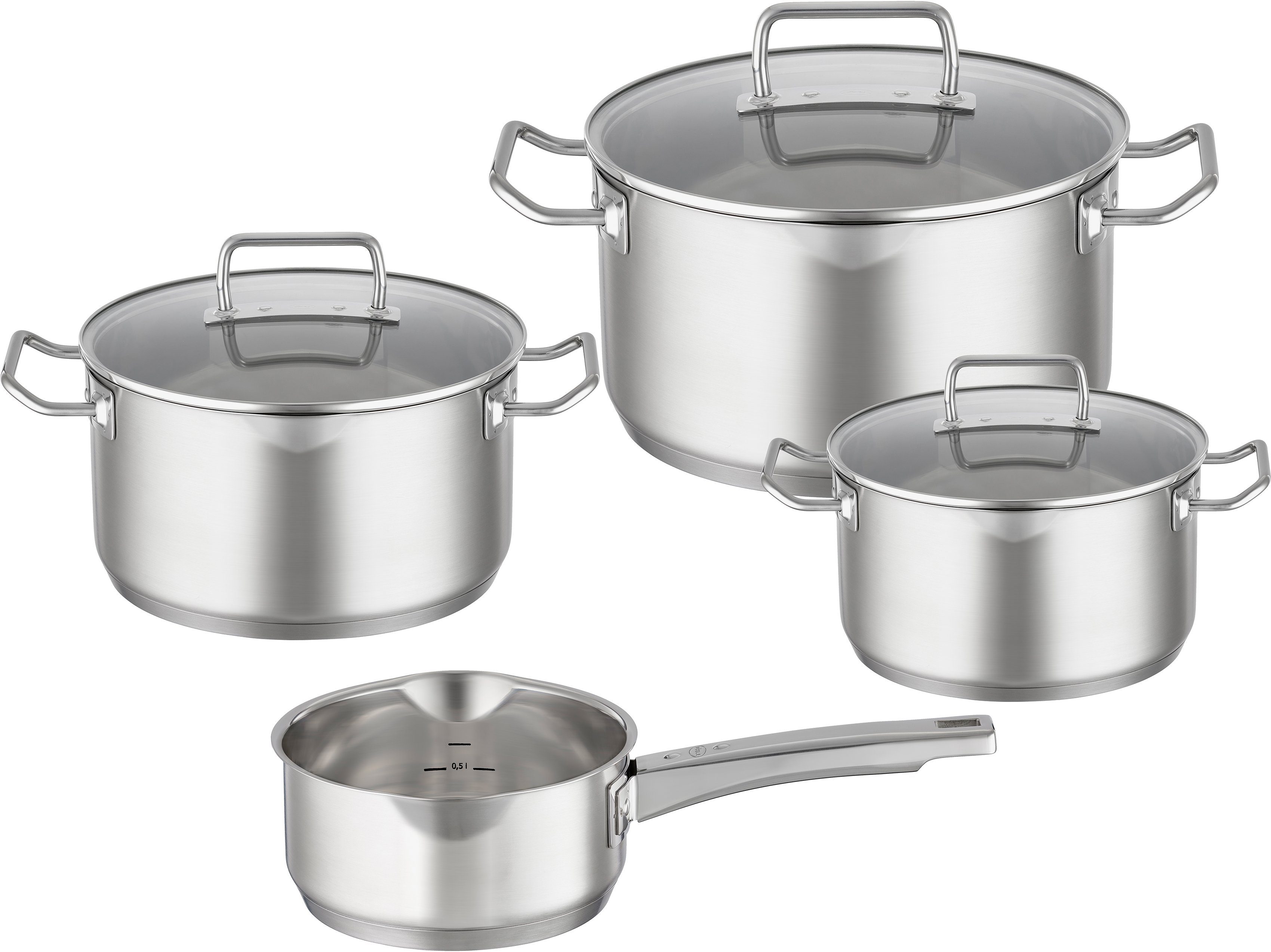 RÖSLE Topf-Set EXPERTISO, Edelstahl 18/10 (Set, 7-tlg., je 1 Kochtopf Ø 16/20/24 cm, 1x Stielkasserolle Ø 16 cm), Innenskalierung und …