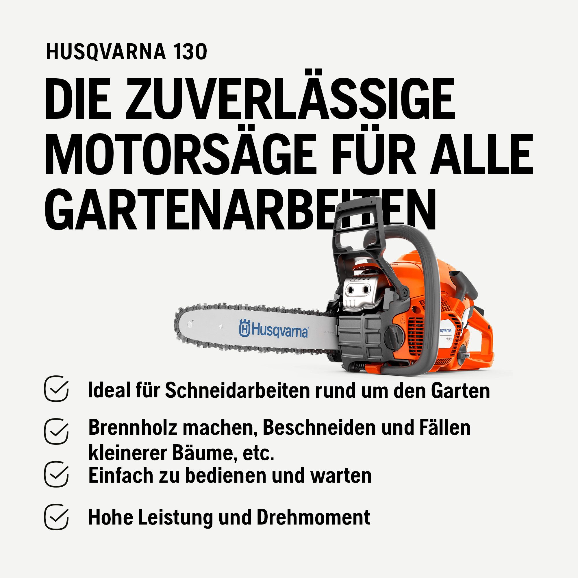 Husqvarna Benzin-Kettensäge 130, 35 cm Schwertlänge, LowVib® Vibrationsreduzierung, Ideal für Garten & Brennholz, 38 cc X-Torq® Motor, 14″-Schwert, LowVib, Smart Start, Air Injection