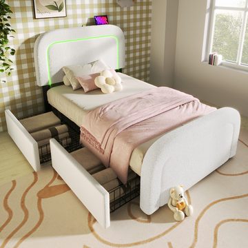IDEASY Kinderbett Kinderbett, Jugendbett, mit USB-Typ-C-Aufladung, (LED-Beleuchtung und 2 Schubladen, 90*200 cm/140*200 cm/160*200 cm), höhenverstellbares Kopfteil, weiß,Effiziente Montage