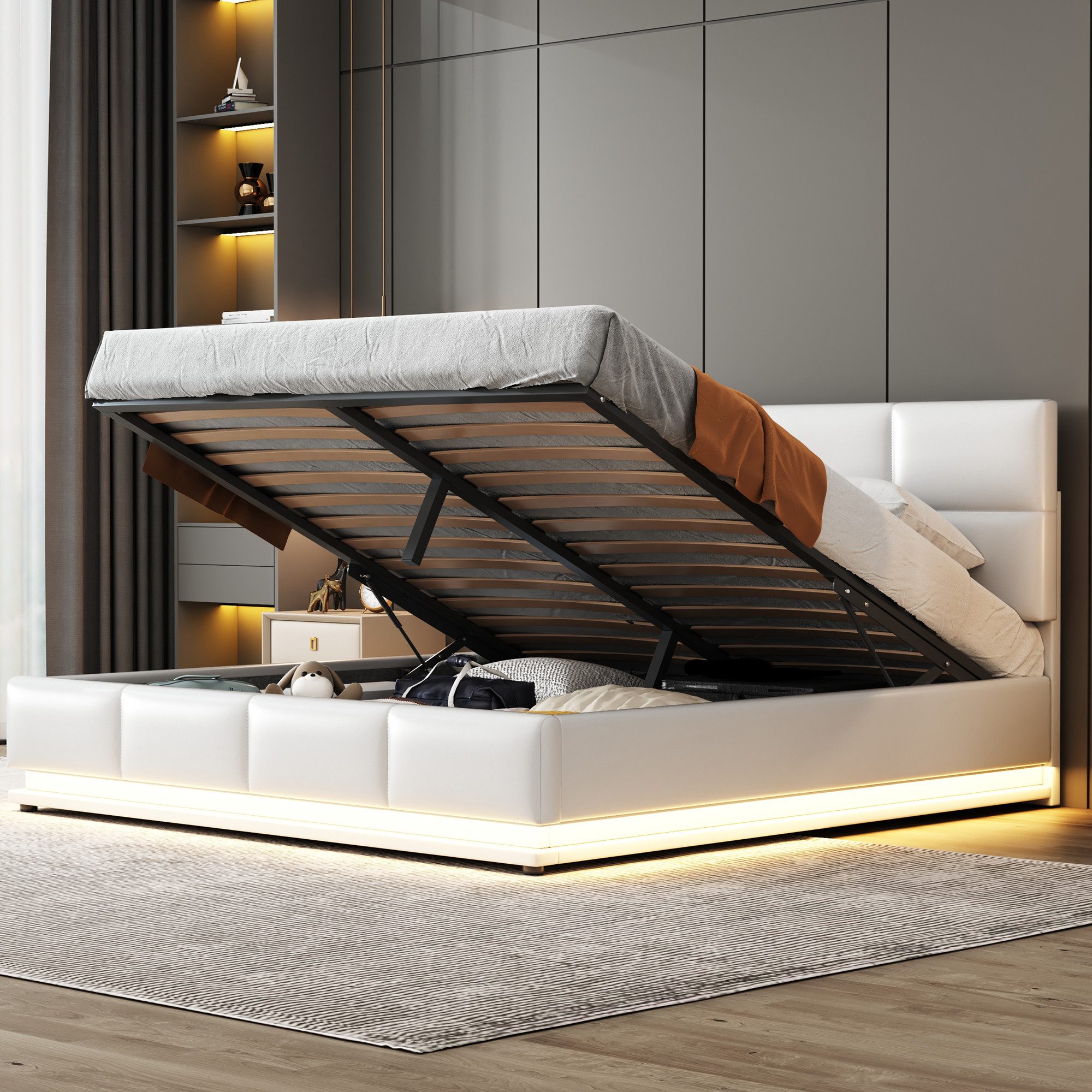 Flieks Polsterbett, LED hydraulisches Doppelbett Kunstleder 160x200cm günstig online kaufen