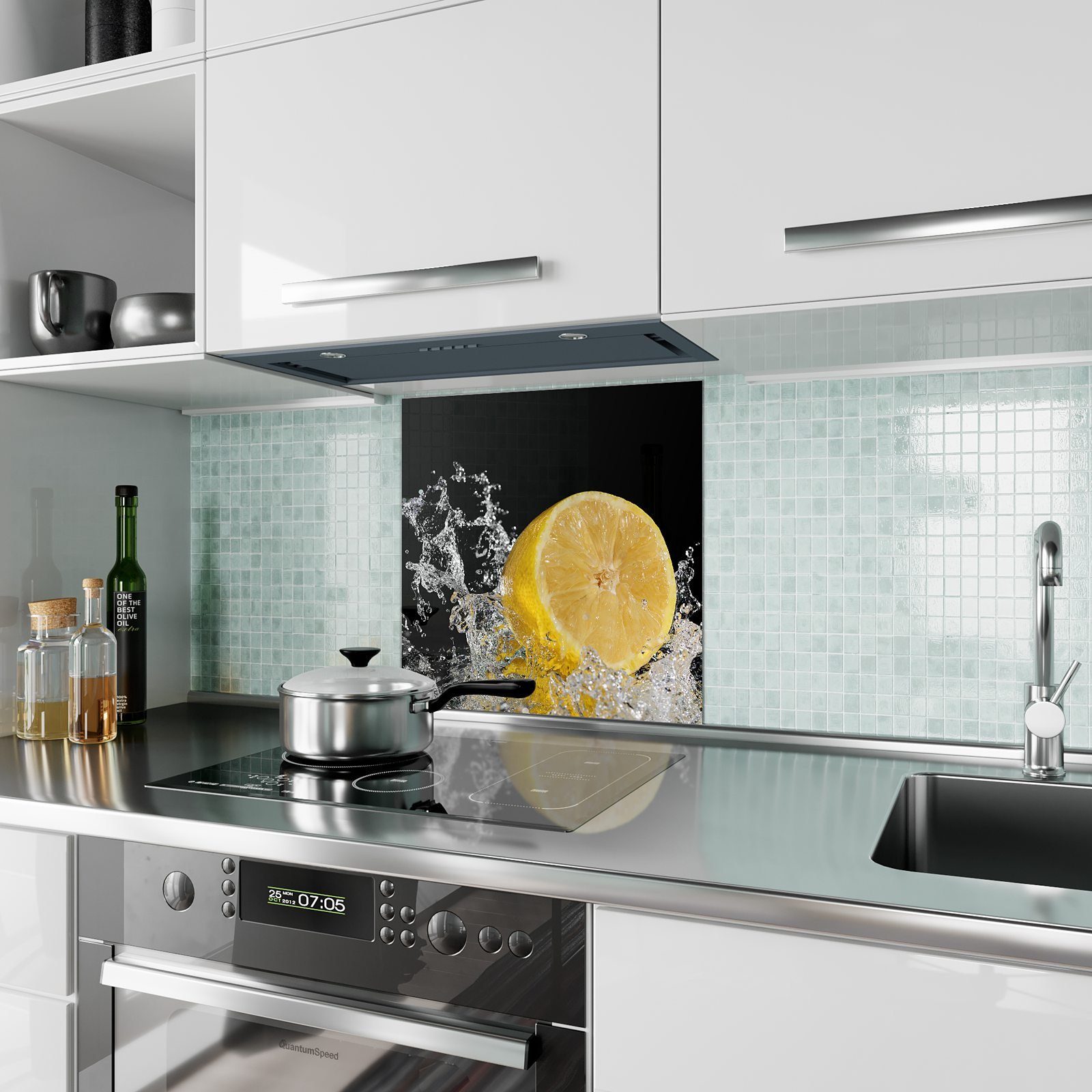 Primedeco Küchenrückwand Küchenrückwand Motiv Wassersplash Zitrone Spritzschutz auf Glas mit