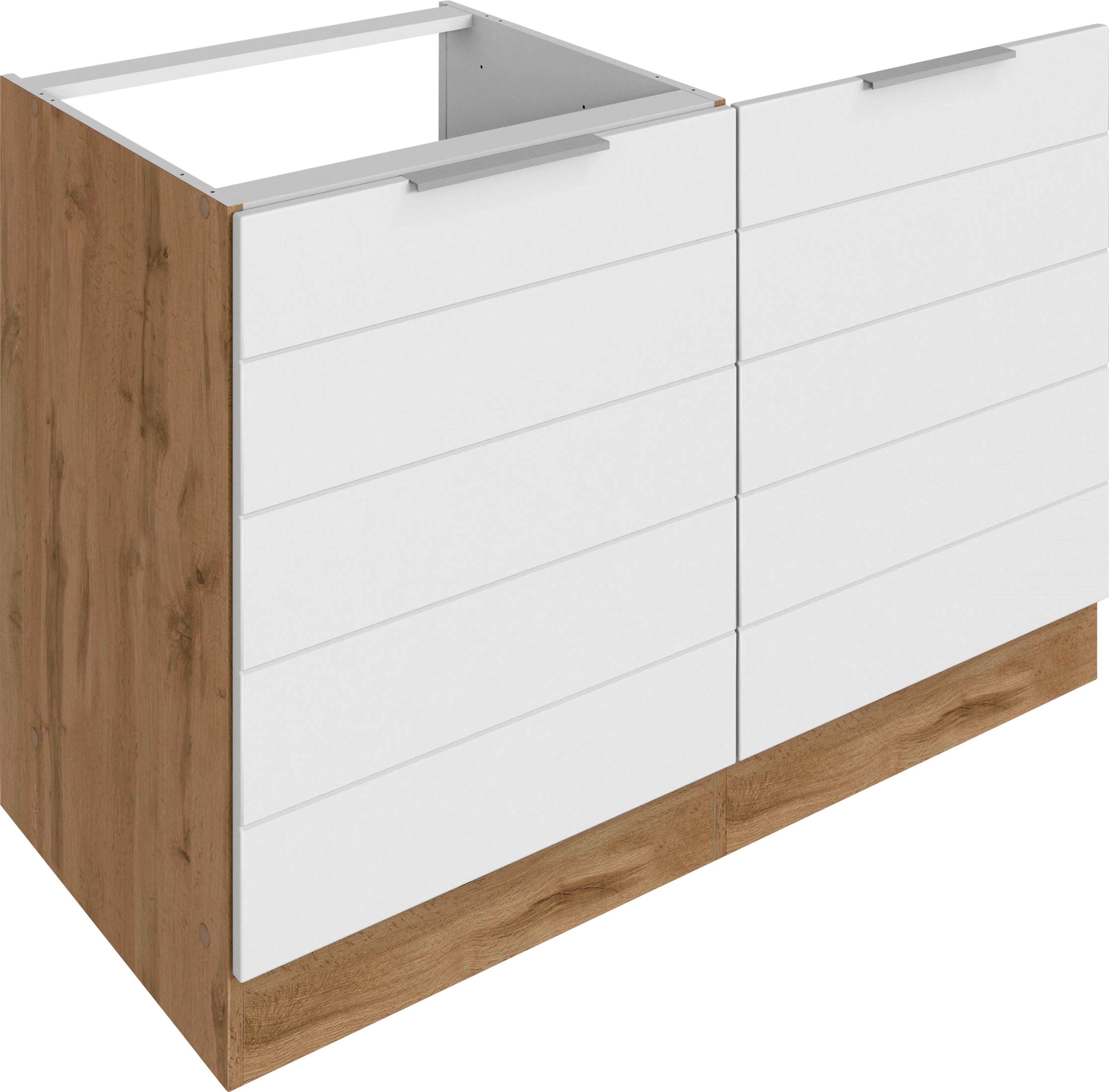 HELD MÖBEL Spülenschrank Luhe 120 cm breit, hochwertige MDF-Fronten mit waagerechter Lisene weiß Matt/wotaneiche | wotaneiche | Spülenschränke